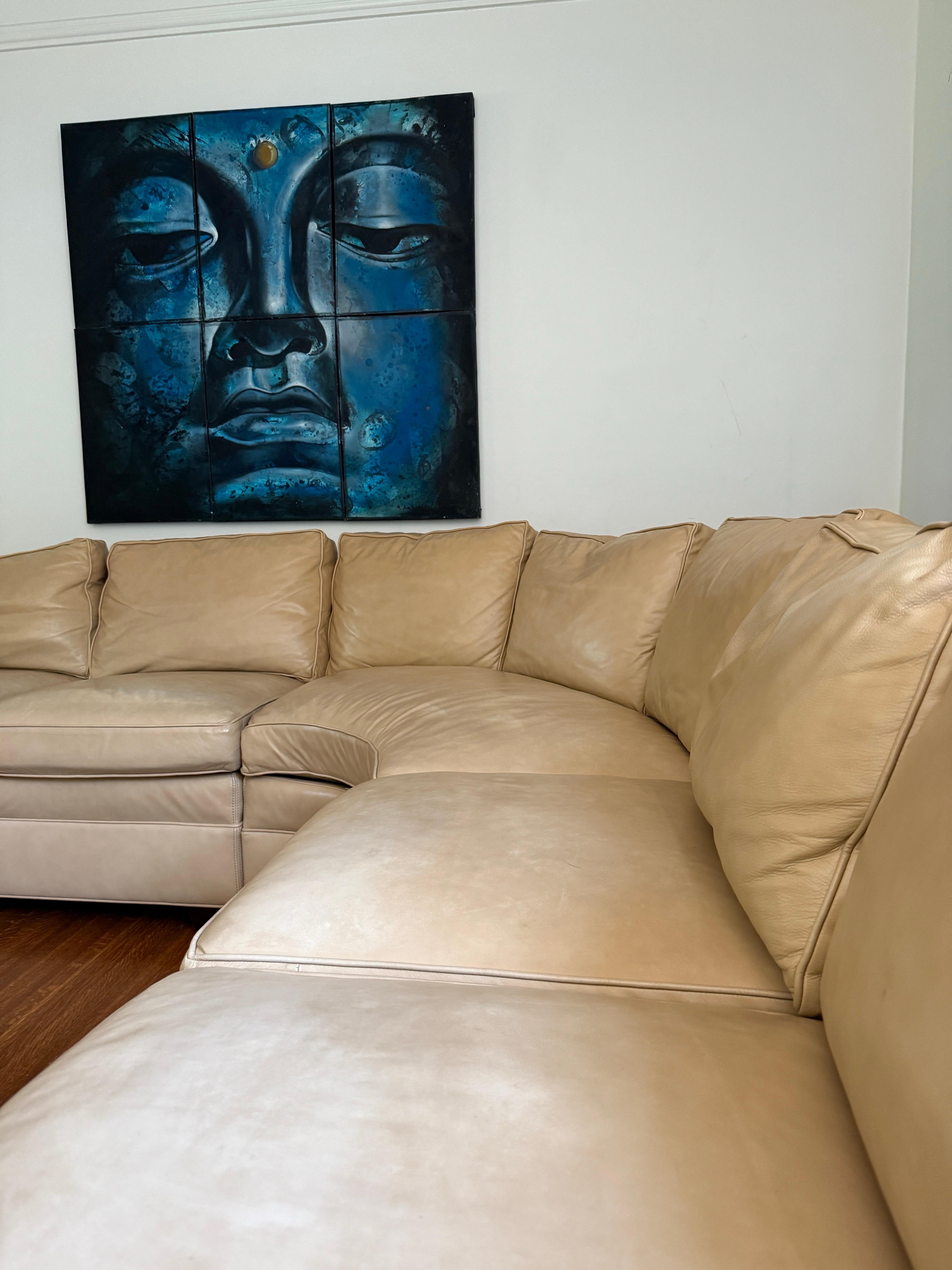 20th Century Stickley Large Modular Sectional Sofa Tan Leather Sectional Curved Room Sofa For Sale