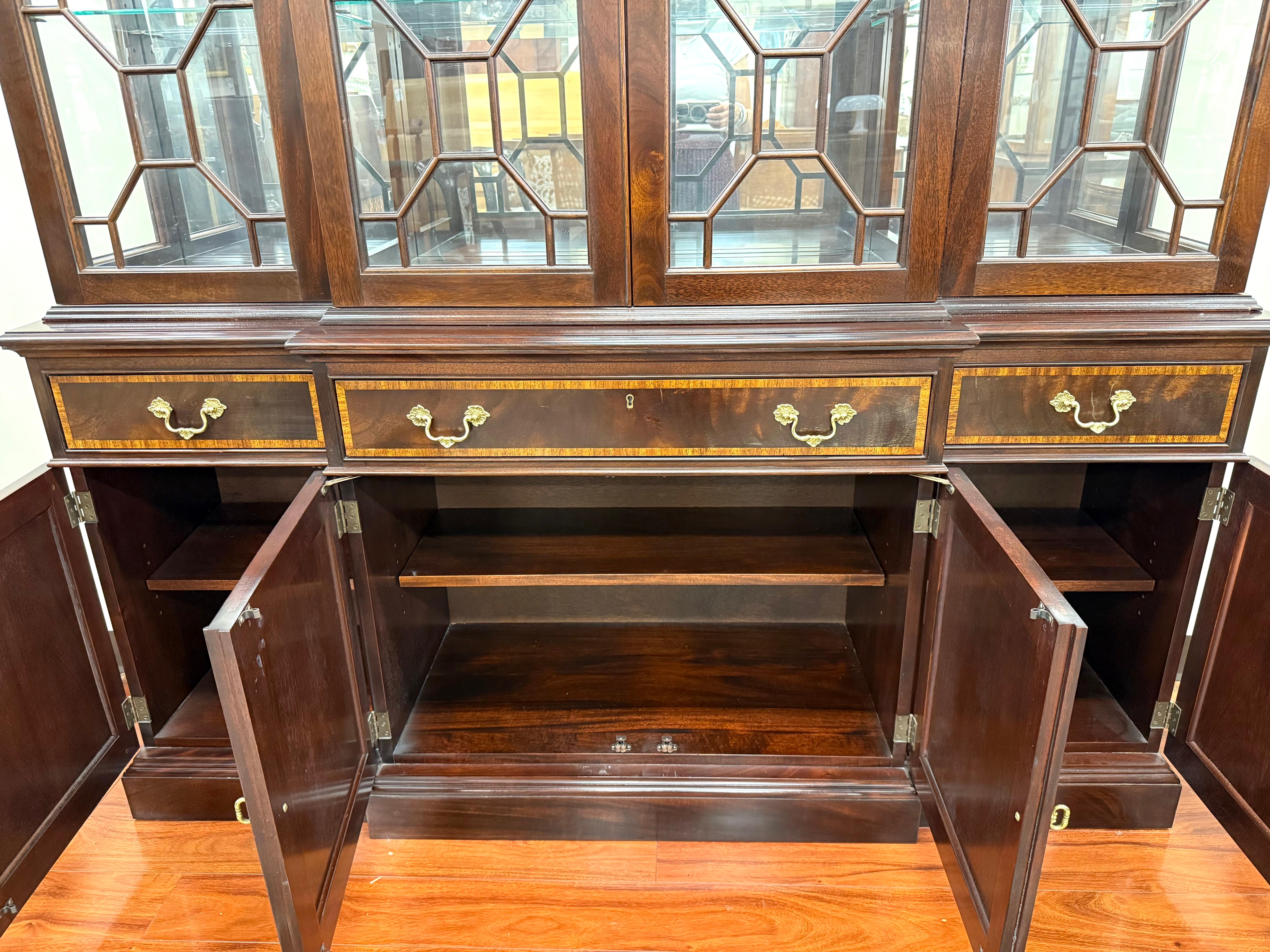 Late 20th Century Stickley Mahogany Inlay Breakfront China Cabinet Sideboard Buffet For Sale