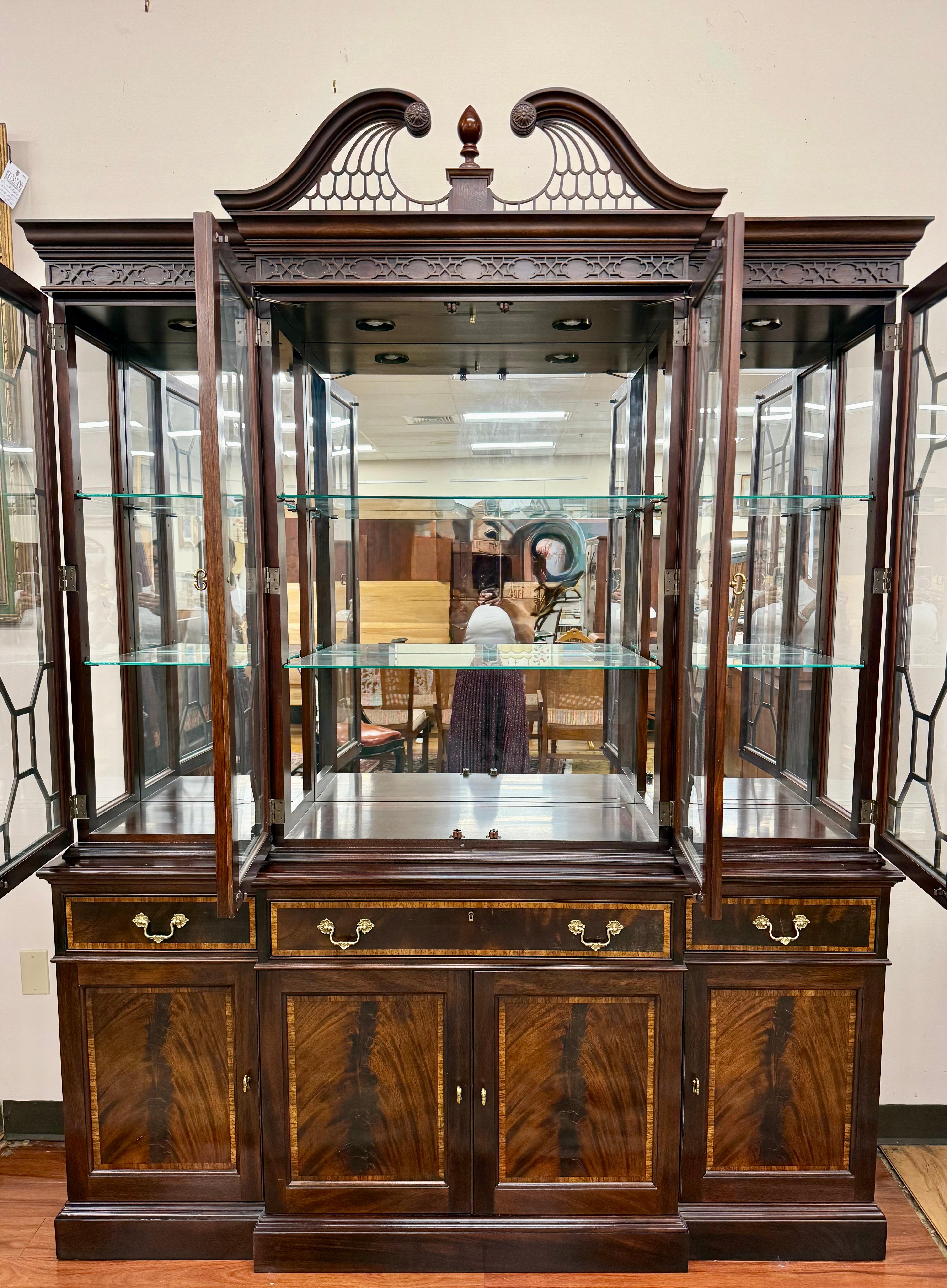 Brass Stickley Mahogany Inlay Breakfront China Cabinet Sideboard Buffet For Sale