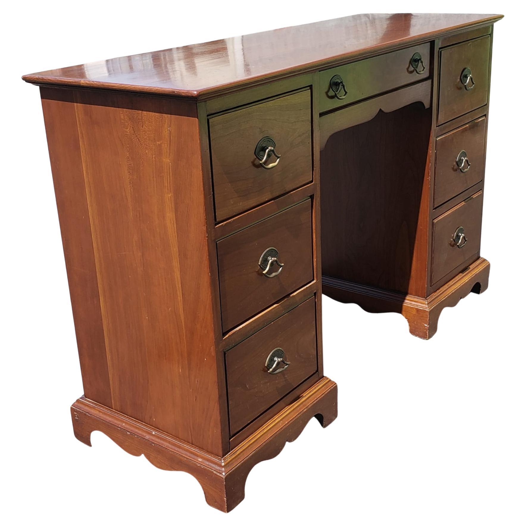 Stickley Mid-Century Cherry Narrow Partners Desk with Protective Glass Top In Good Condition For Sale In Germantown, MD