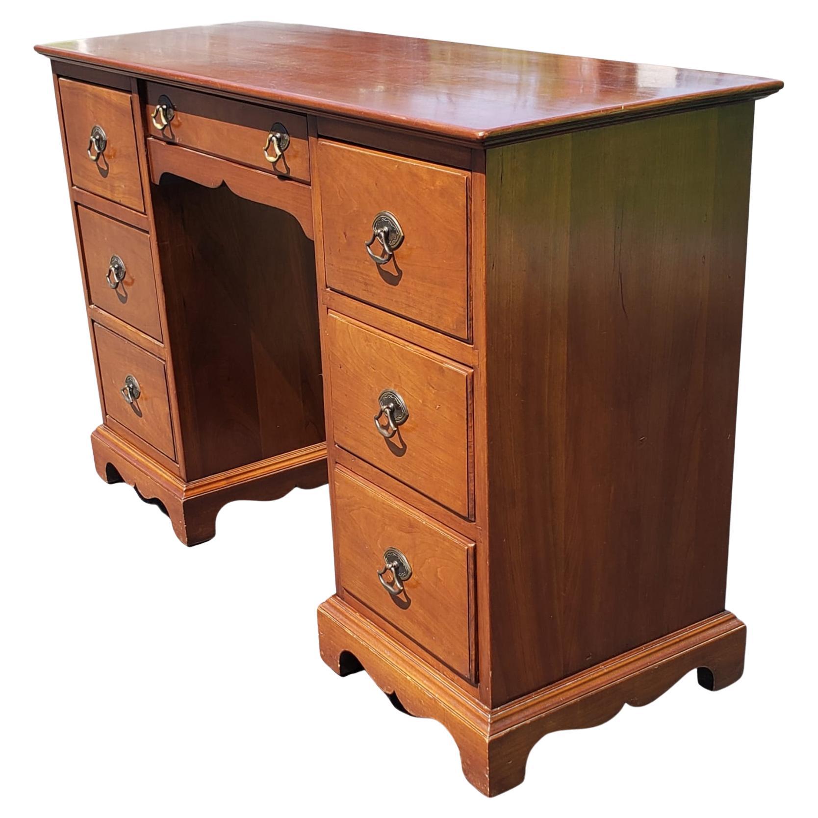 20th Century Stickley Mid-Century Cherry Narrow Partners Desk with Protective Glass Top For Sale