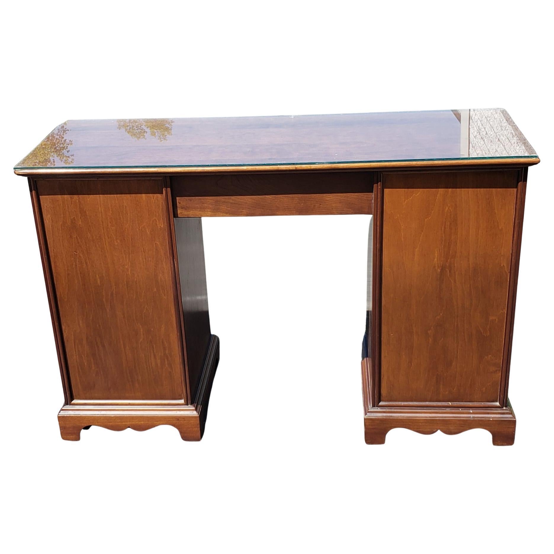 Brass Stickley Mid-Century Cherry Narrow Partners Desk with Protective Glass Top For Sale