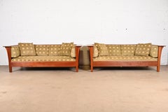 Stickley Mission Arts and Crafts Cherry Wood Settle Sofas, Pair