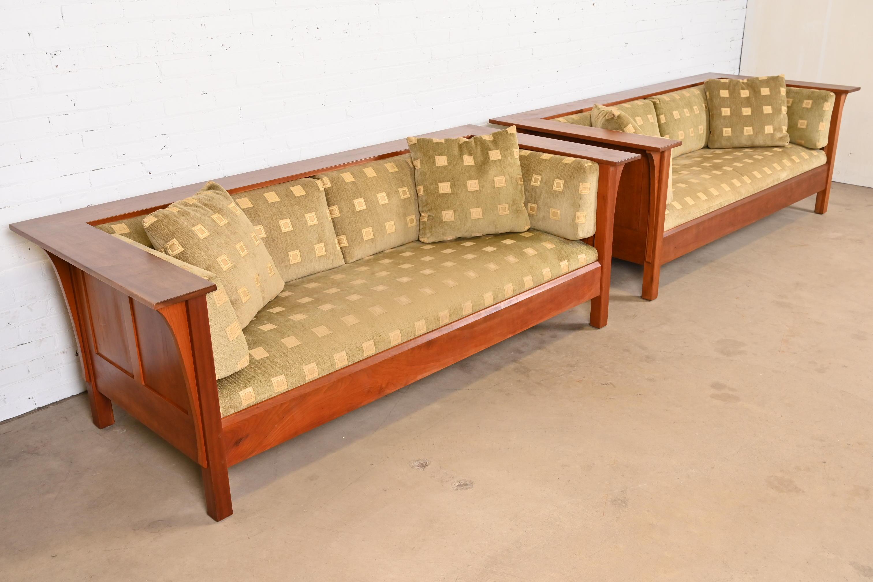 Upholstery Stickley Mission Arts and Crafts Cherry Wood Settle Sofas, Pair For Sale