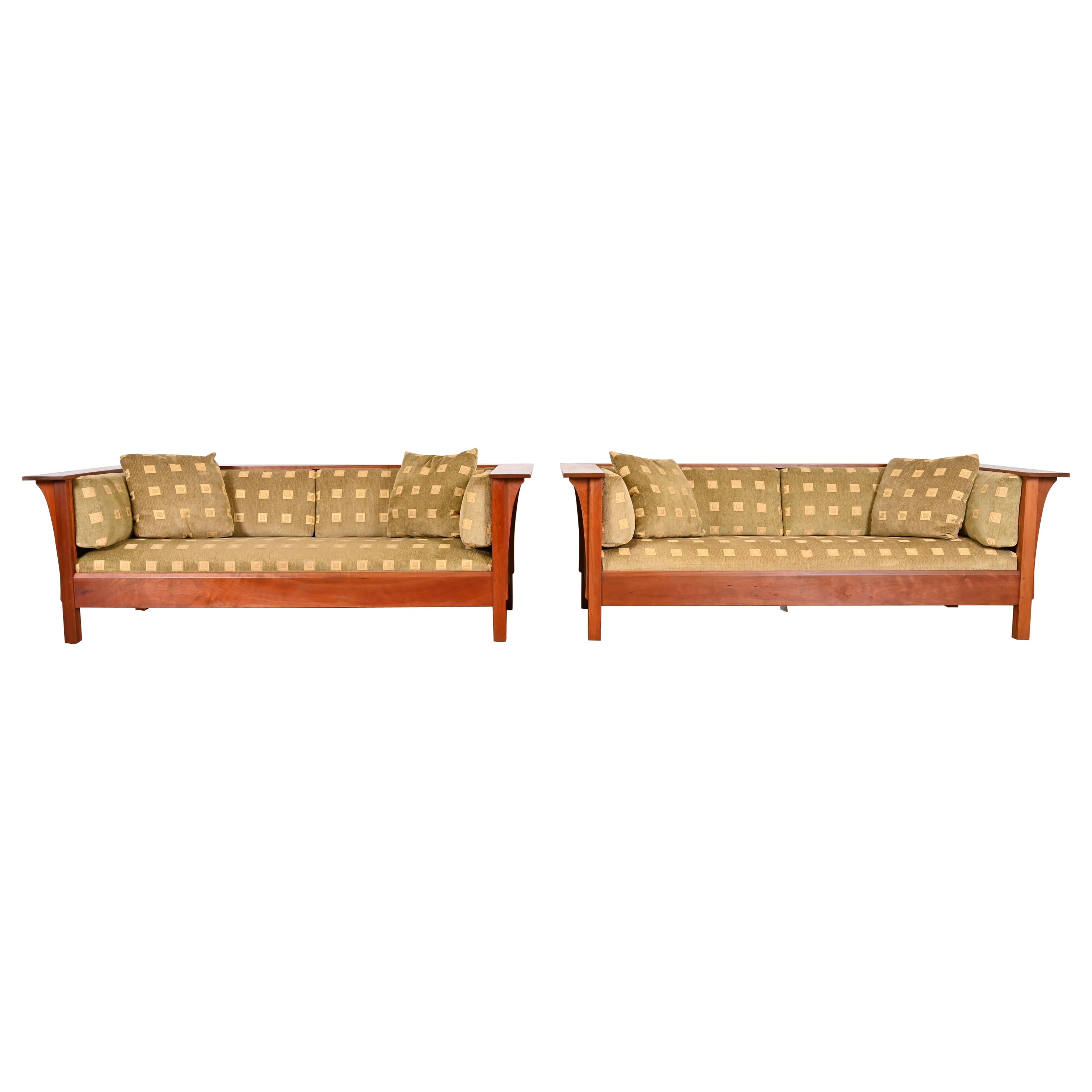 Stickley Mission Arts and Crafts Cherry Wood Settle Sofas, Pair