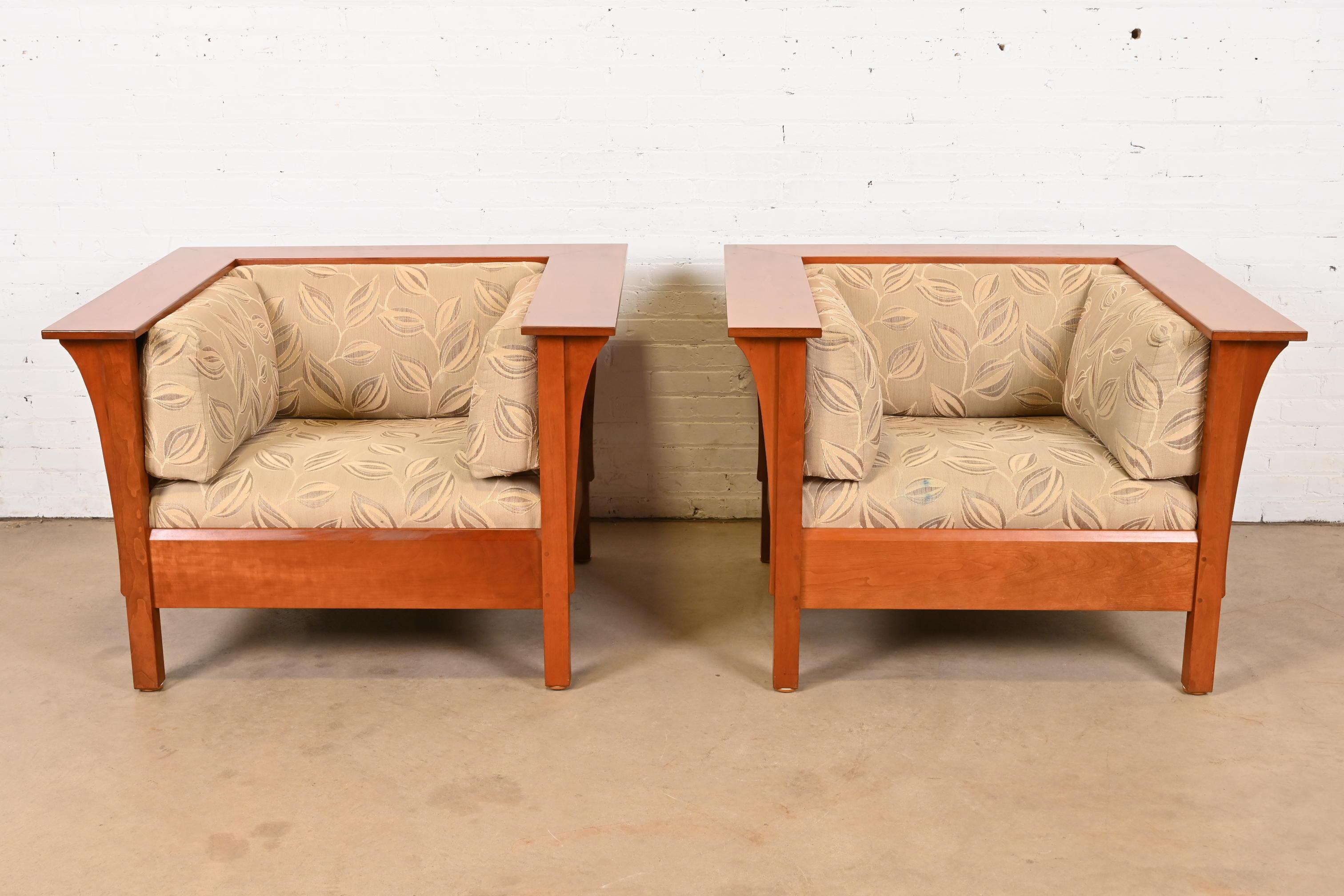 Arts and Crafts Stickley Mission Arts & Crafts Cherry Wood Spindle Lounge Chairs, Pair For Sale