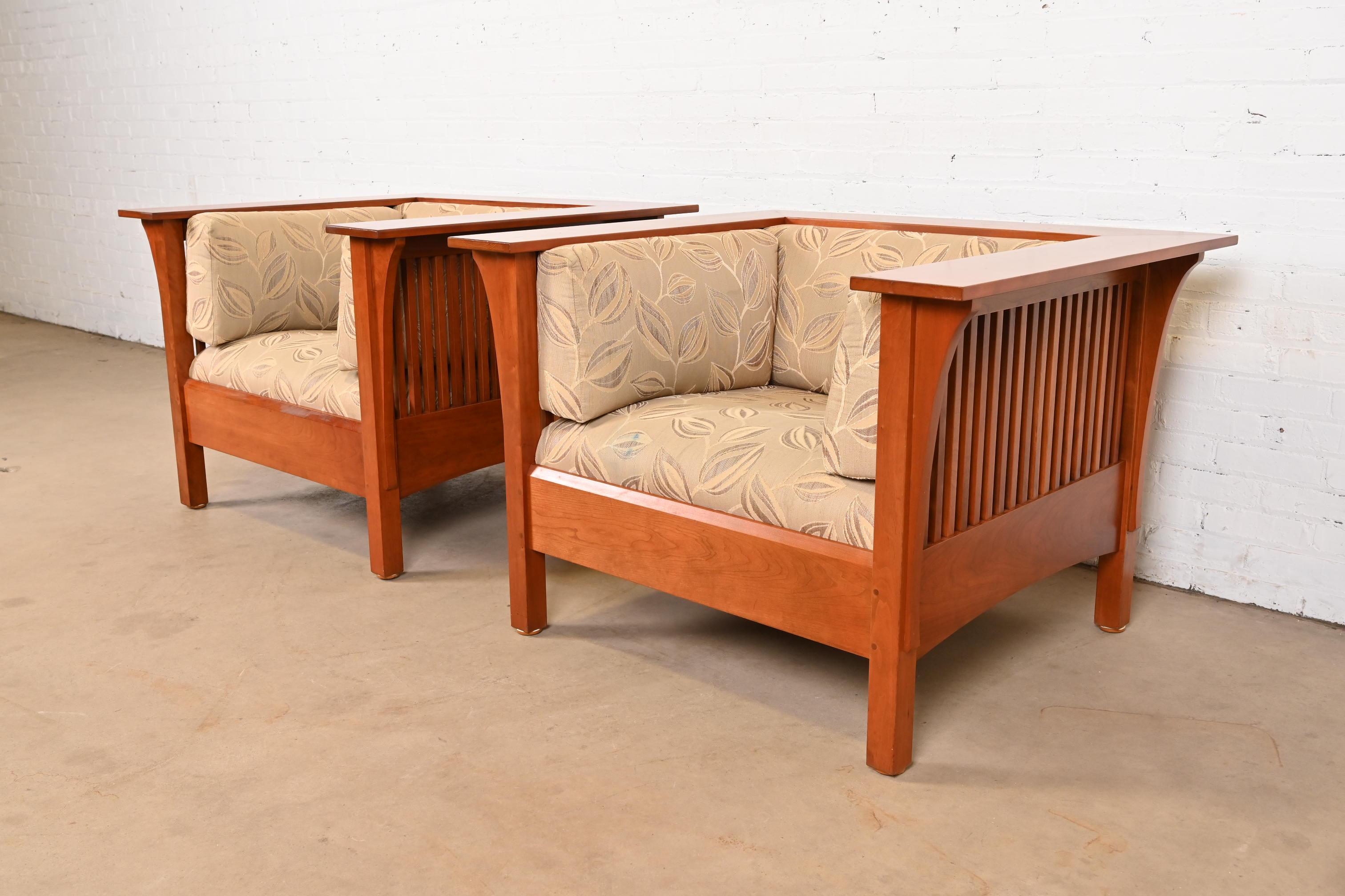 American Stickley Mission Arts & Crafts Cherry Wood Spindle Lounge Chairs, Pair For Sale