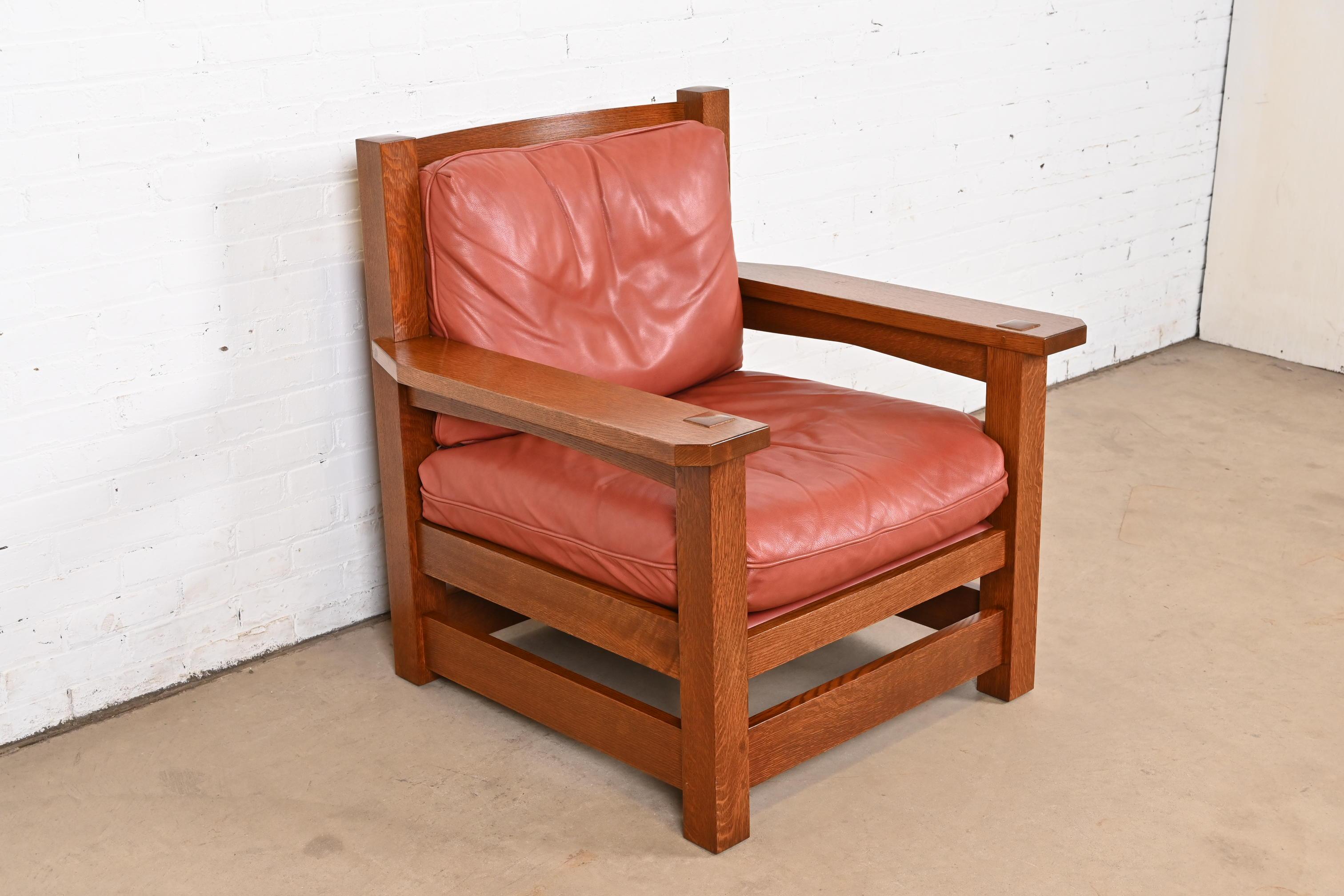 Arts and Crafts Stickley Mission Arts & Crafts Oak and Leather Lounge Chair For Sale