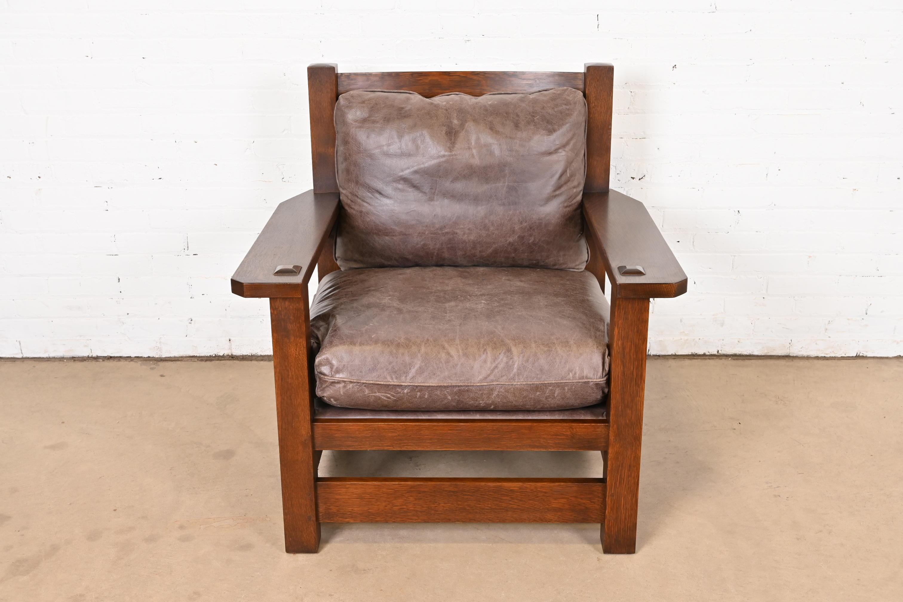 Stickley Mission Arts & Crafts Oak and Leather Lounge Chair With Ottoman 1