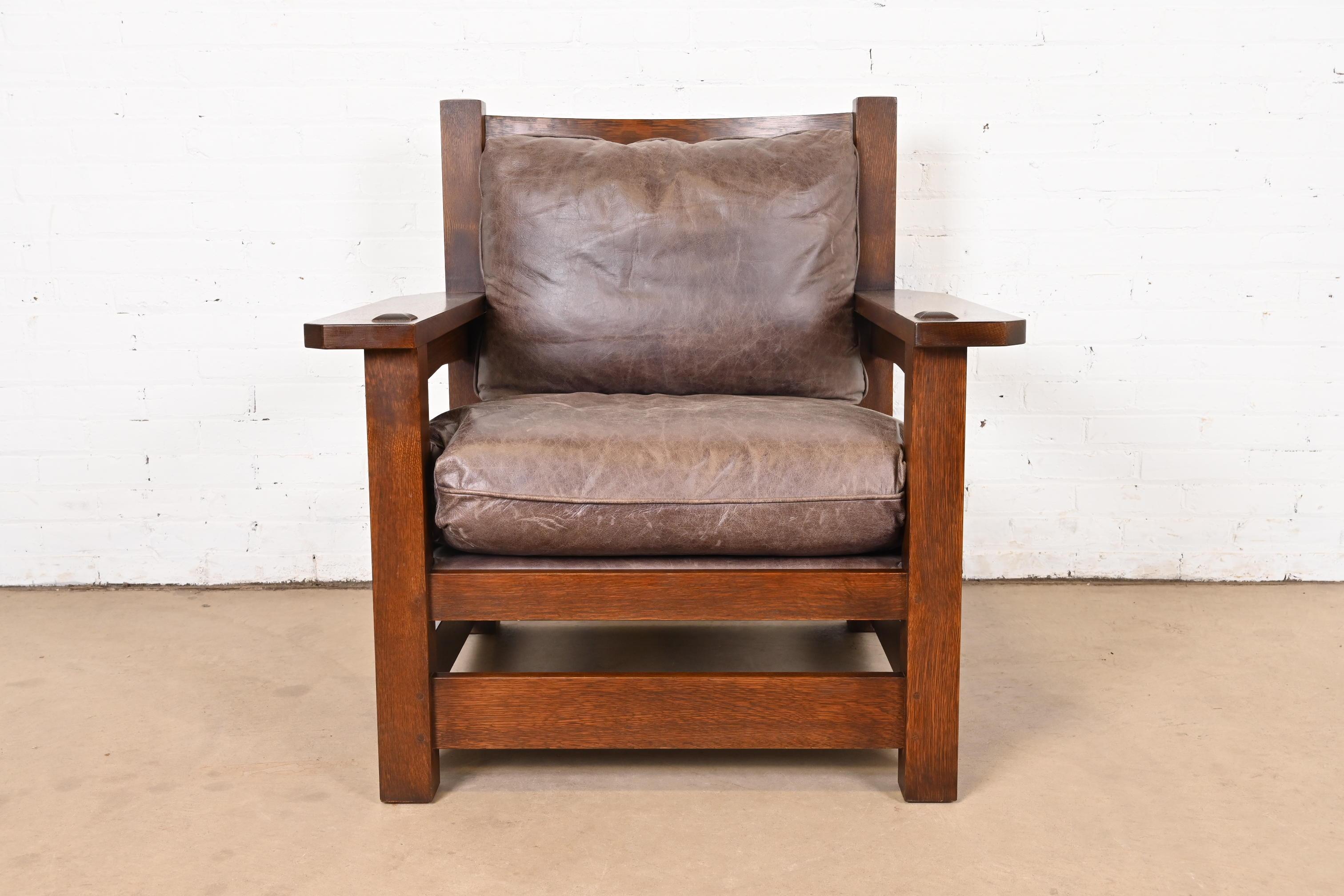 Stickley Mission Arts & Crafts Oak and Leather Lounge Chair With Ottoman 2