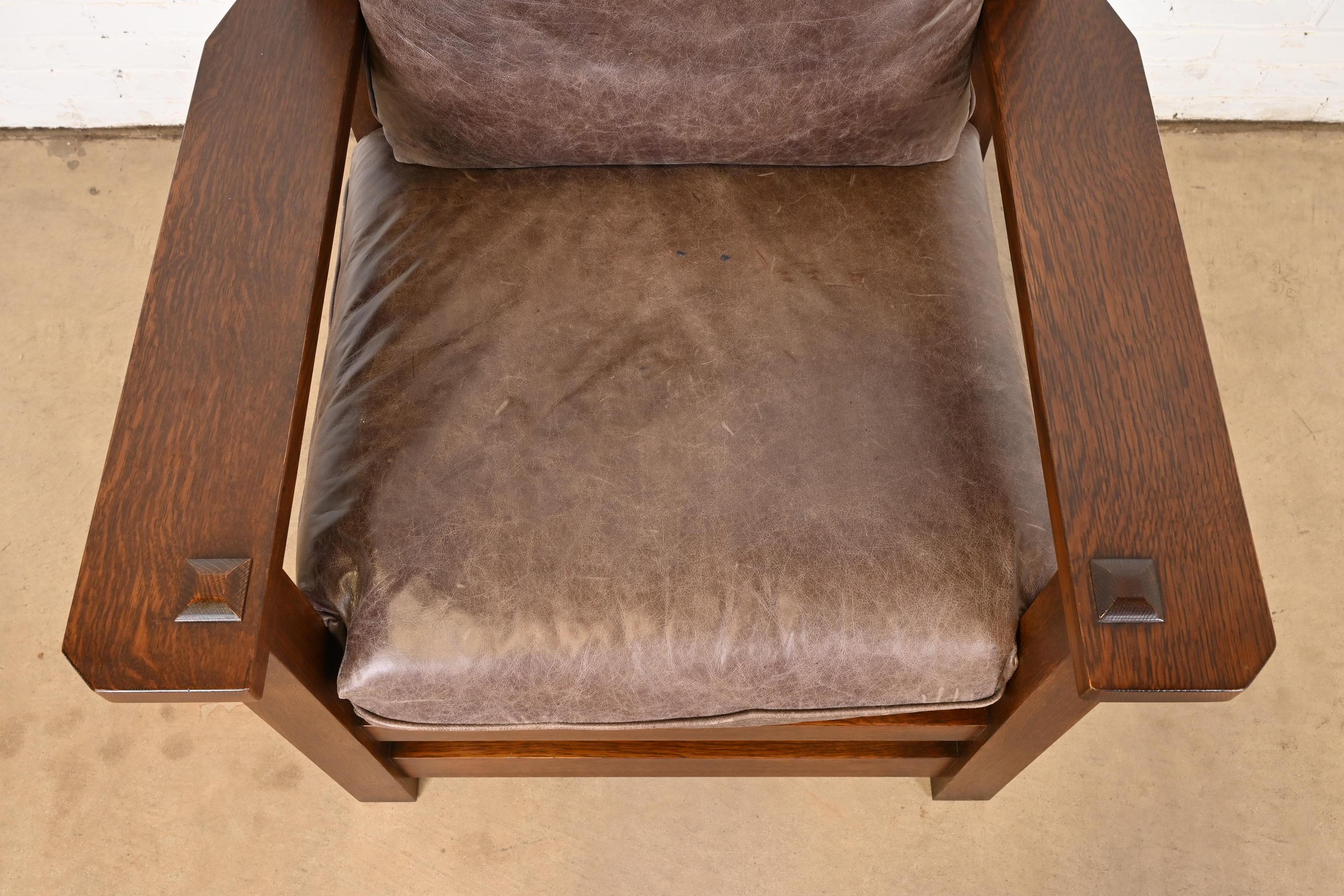 Stickley Mission Arts & Crafts Oak and Leather Lounge Chair With Ottoman 4