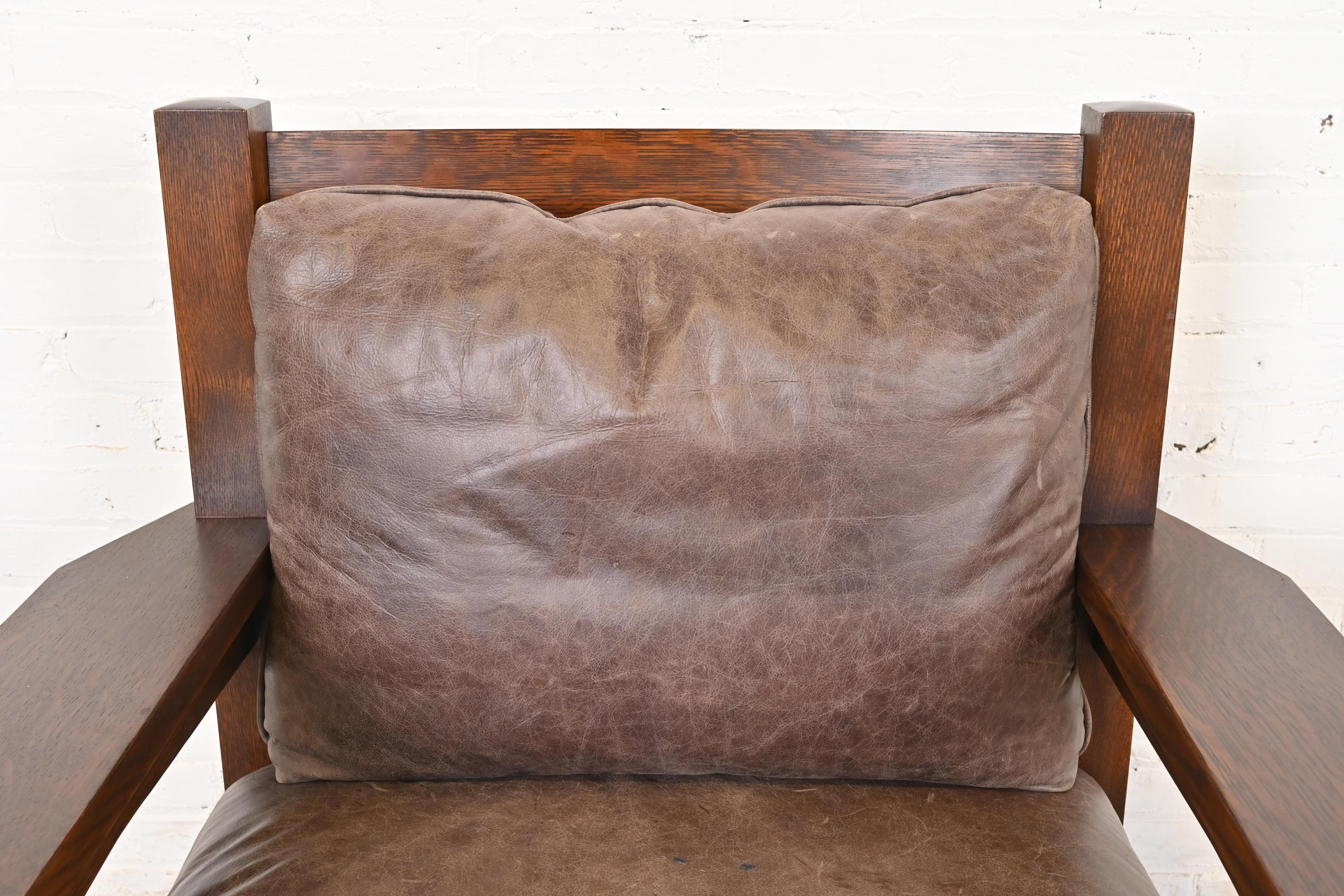 Stickley Mission Arts & Crafts Oak and Leather Lounge Chair With Ottoman 5