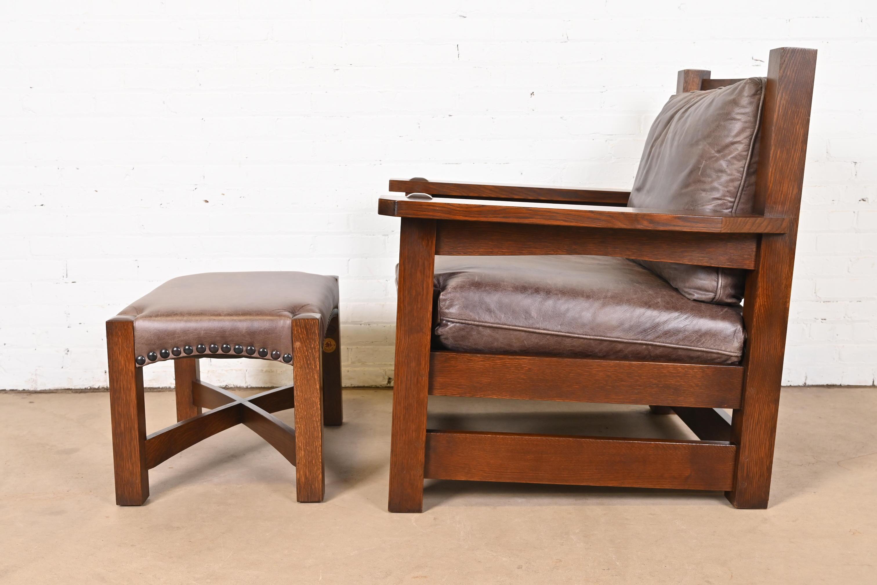 Stickley Mission Arts & Crafts Oak and Leather Lounge Chair With Ottoman 8