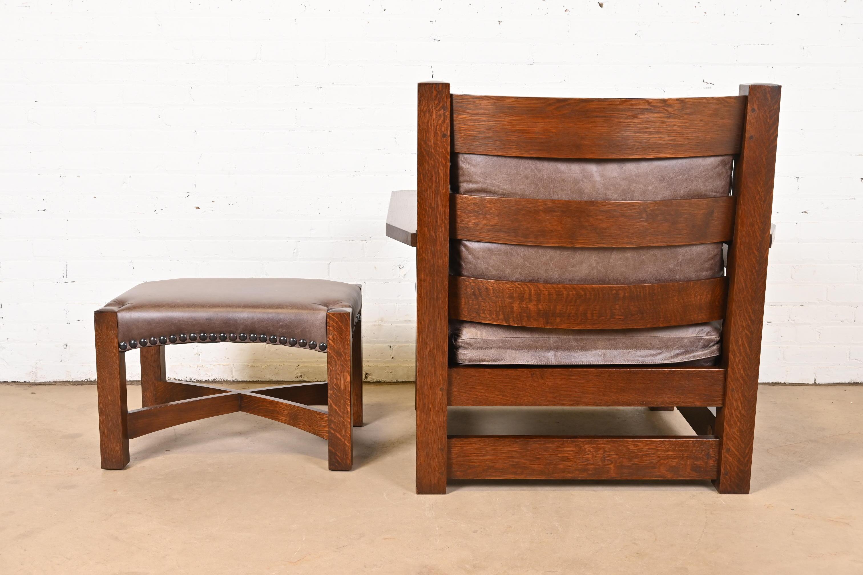 Stickley Mission Arts & Crafts Oak and Leather Lounge Chair With Ottoman 9