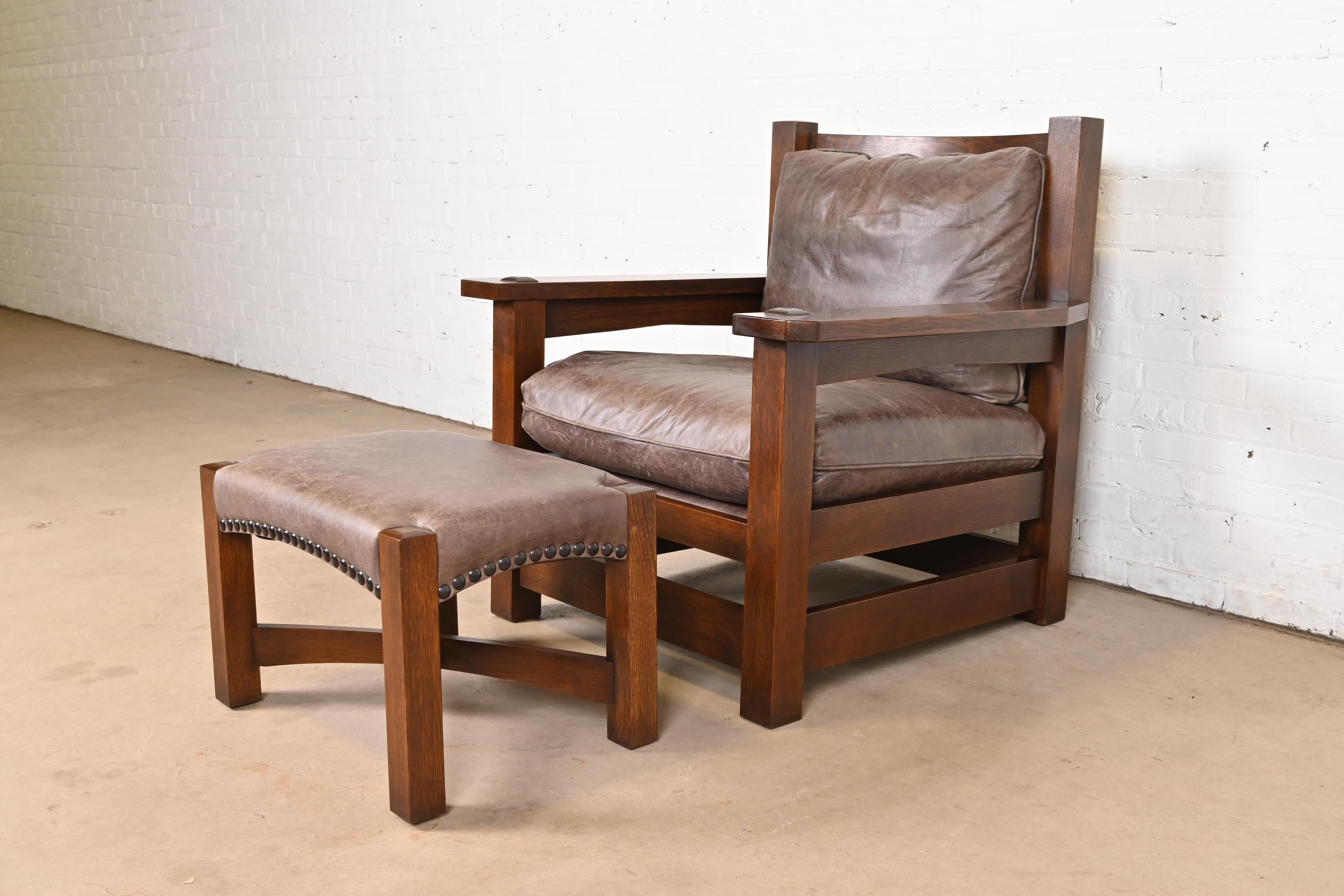 Arts and Crafts Stickley Mission Arts & Crafts Oak and Leather Lounge Chair With Ottoman