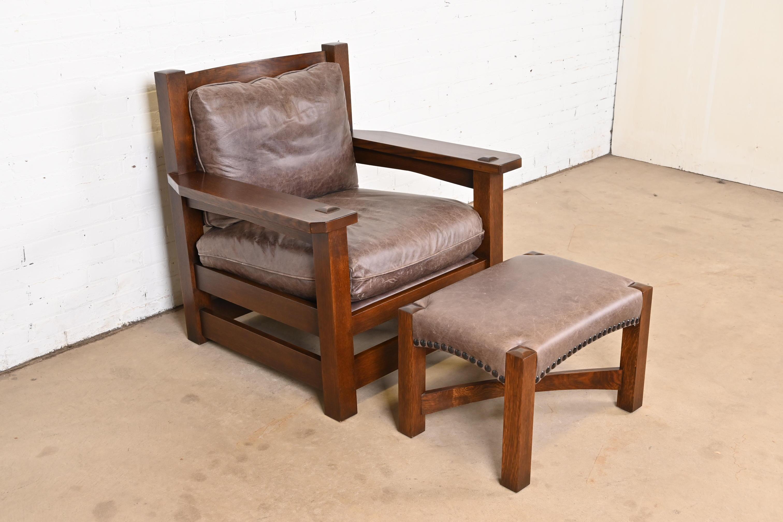 American Stickley Mission Arts & Crafts Oak and Leather Lounge Chair With Ottoman
