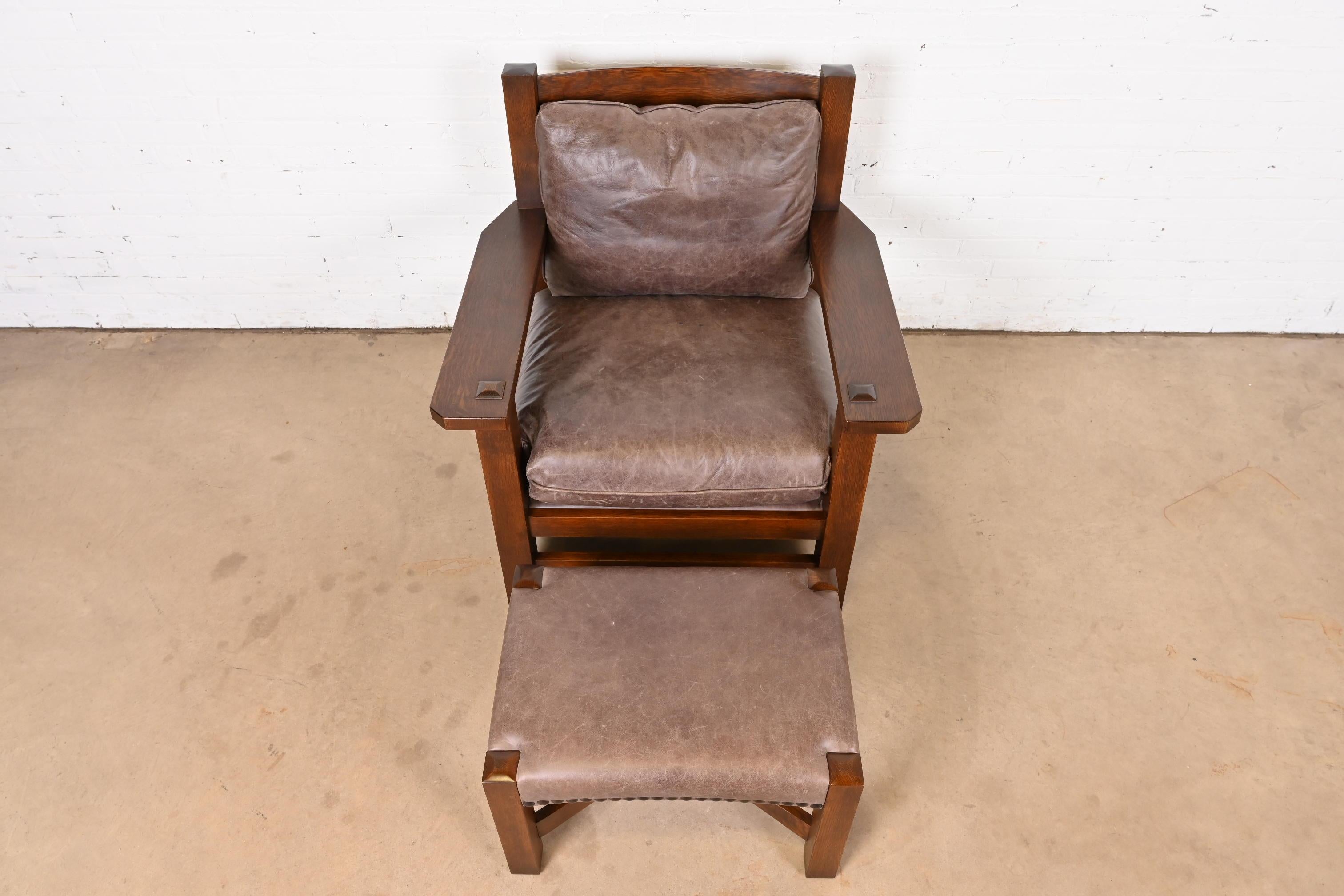 20th Century Stickley Mission Arts & Crafts Oak and Leather Lounge Chair With Ottoman