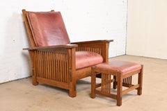 Stickley Mission Arts & Crafts Oak and Leather Morris Chair With Ottoman