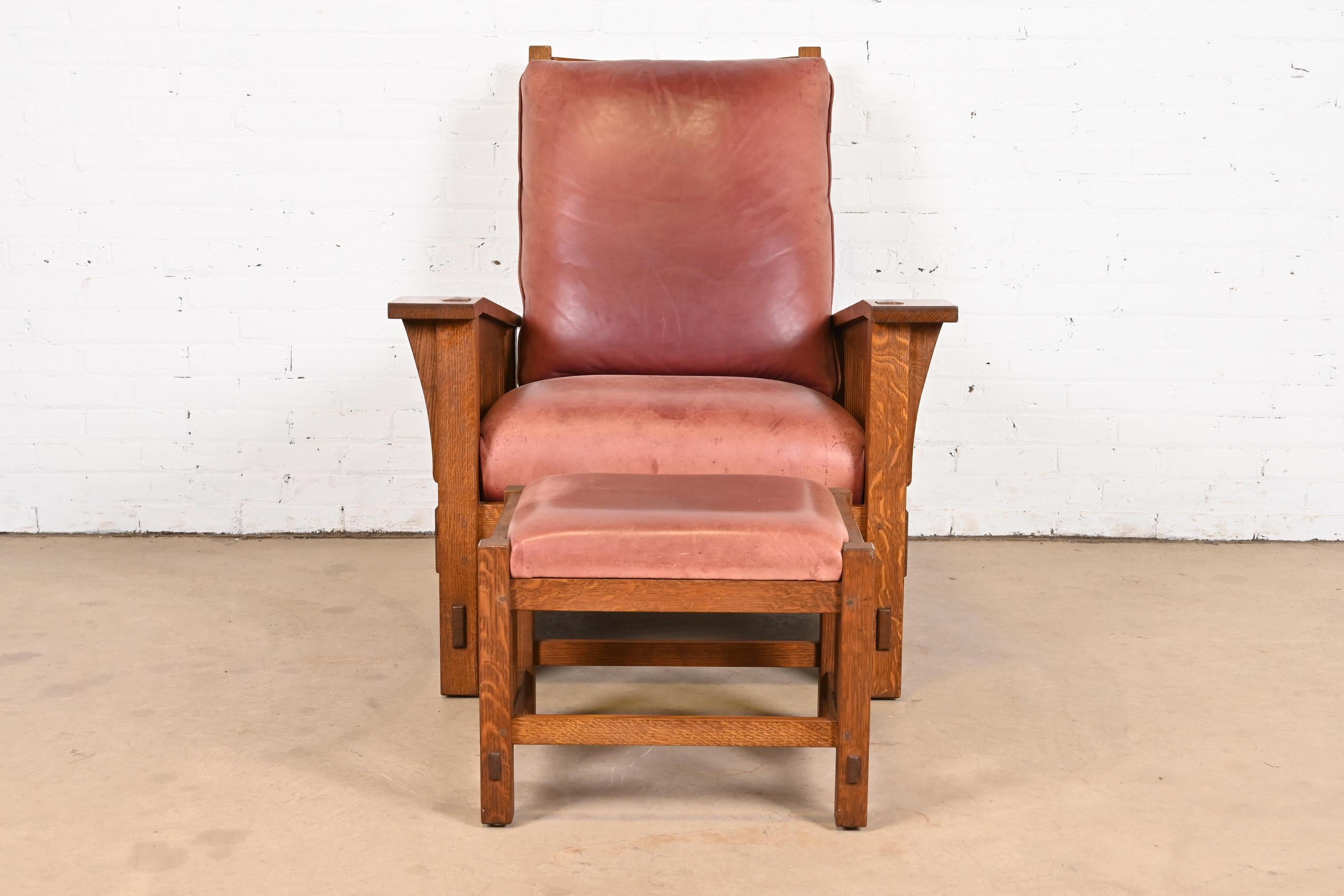 American Stickley Mission Arts & Crafts Oak and Leather Morris Chair With Ottoman