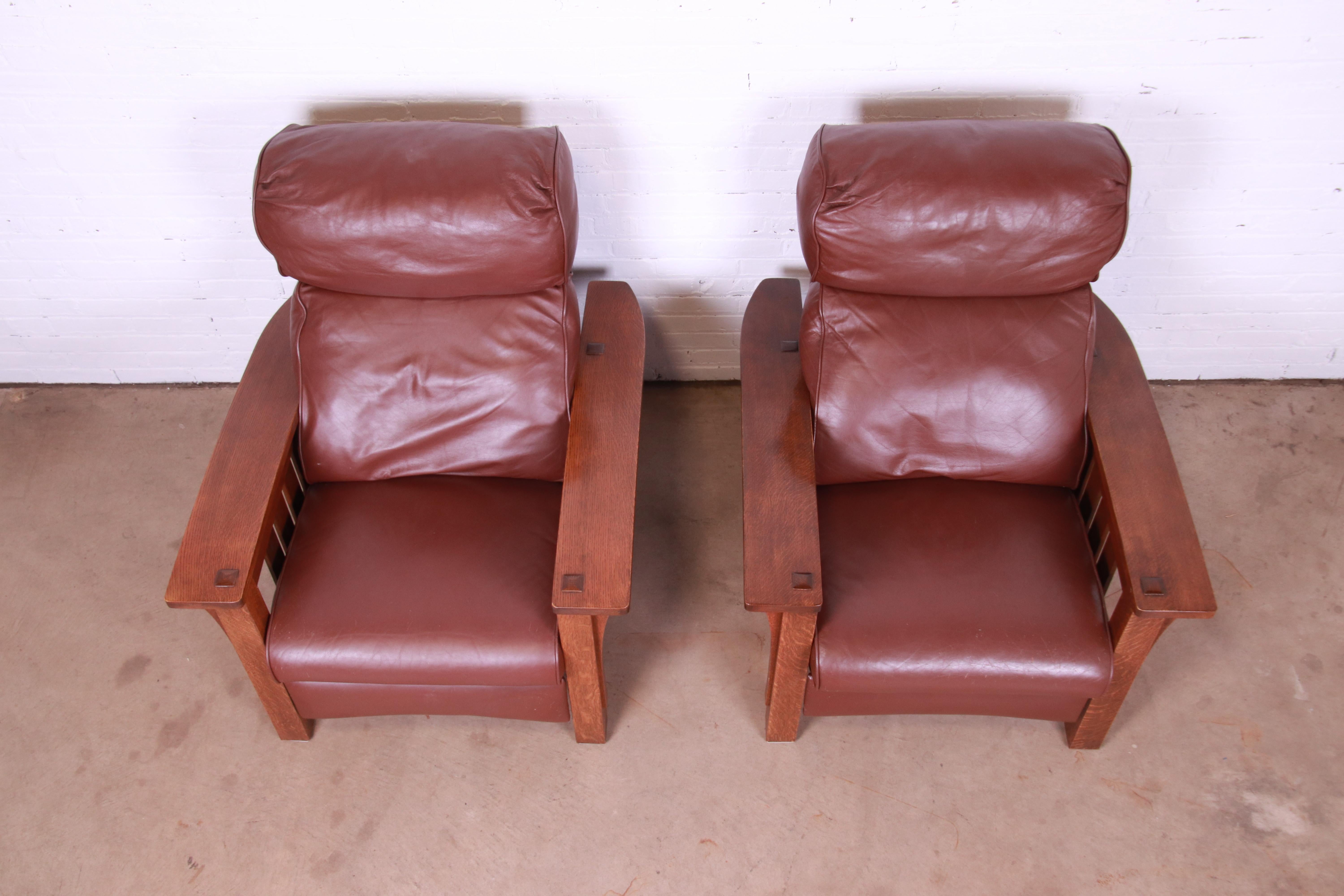 Arts and Crafts Stickley Mission Collection Bow Arm Oak and Leather Morris Recliners, Pair