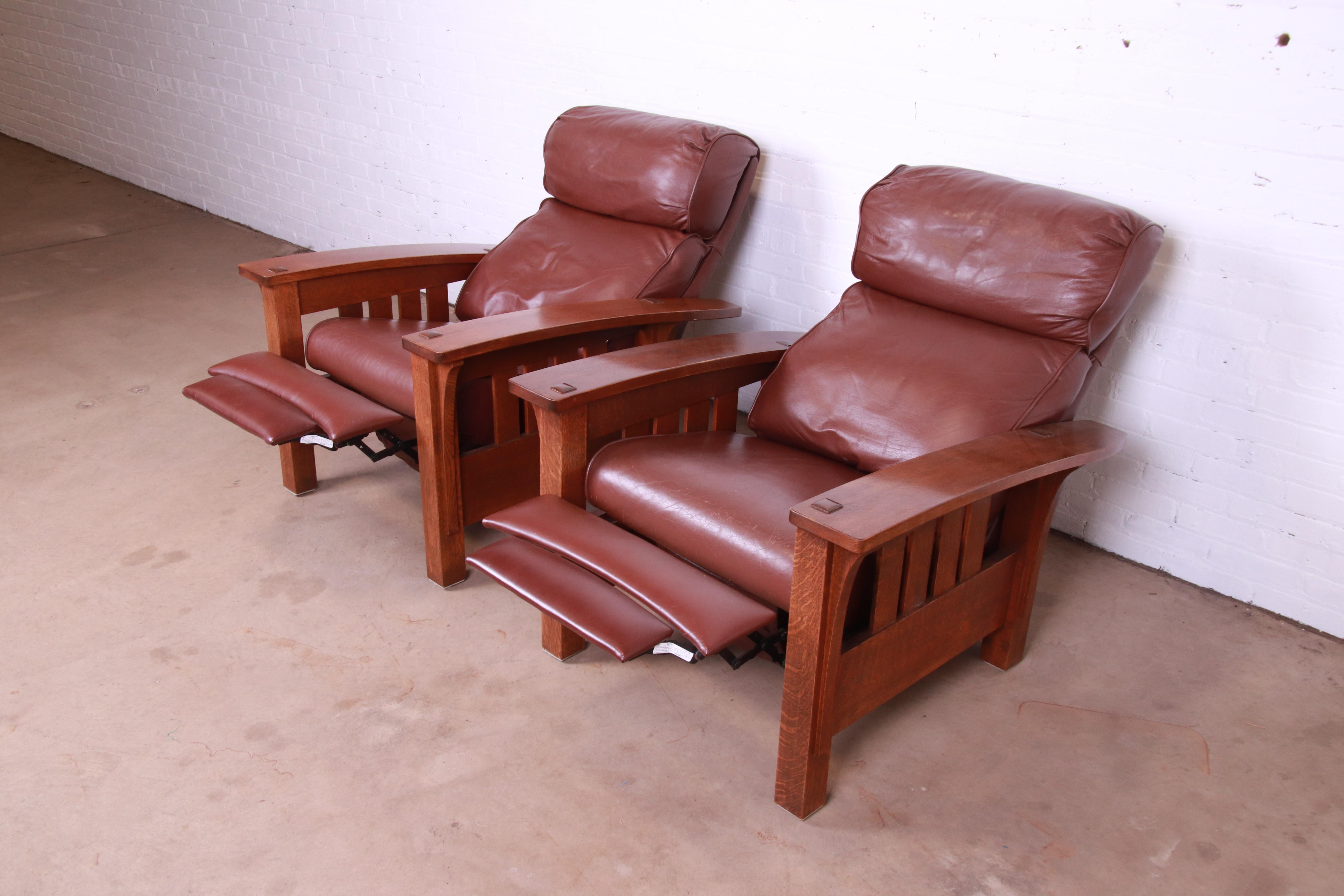 20th Century Stickley Mission Collection Bow Arm Oak and Leather Morris Recliners, Pair