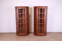 Stickley Mission Oak Arts and Crafts Lighted Corner Cabinets, Pair