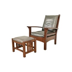 Stickley Mission Oak Arts & Crafts Bow Arm Lounge Chair With Ottoman