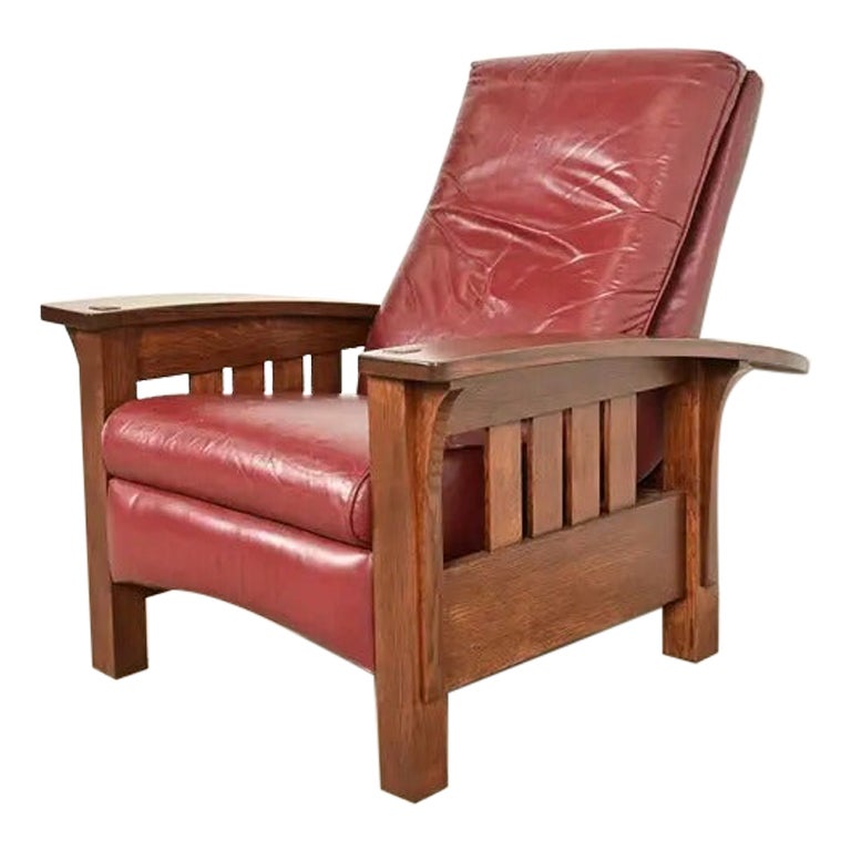 Stickley Mission Oak Arts & Crafts Reclining Lounge Chair, Newly Refinished For Sale