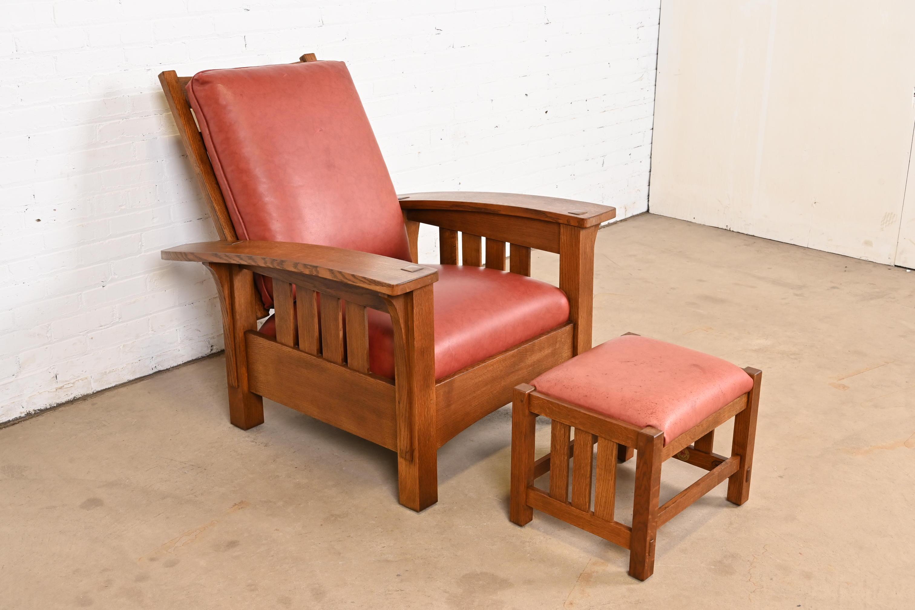 Arts and Crafts Stickley Mission Oak Arts & Crafts Poltrona reclinabile Morris con ottomano