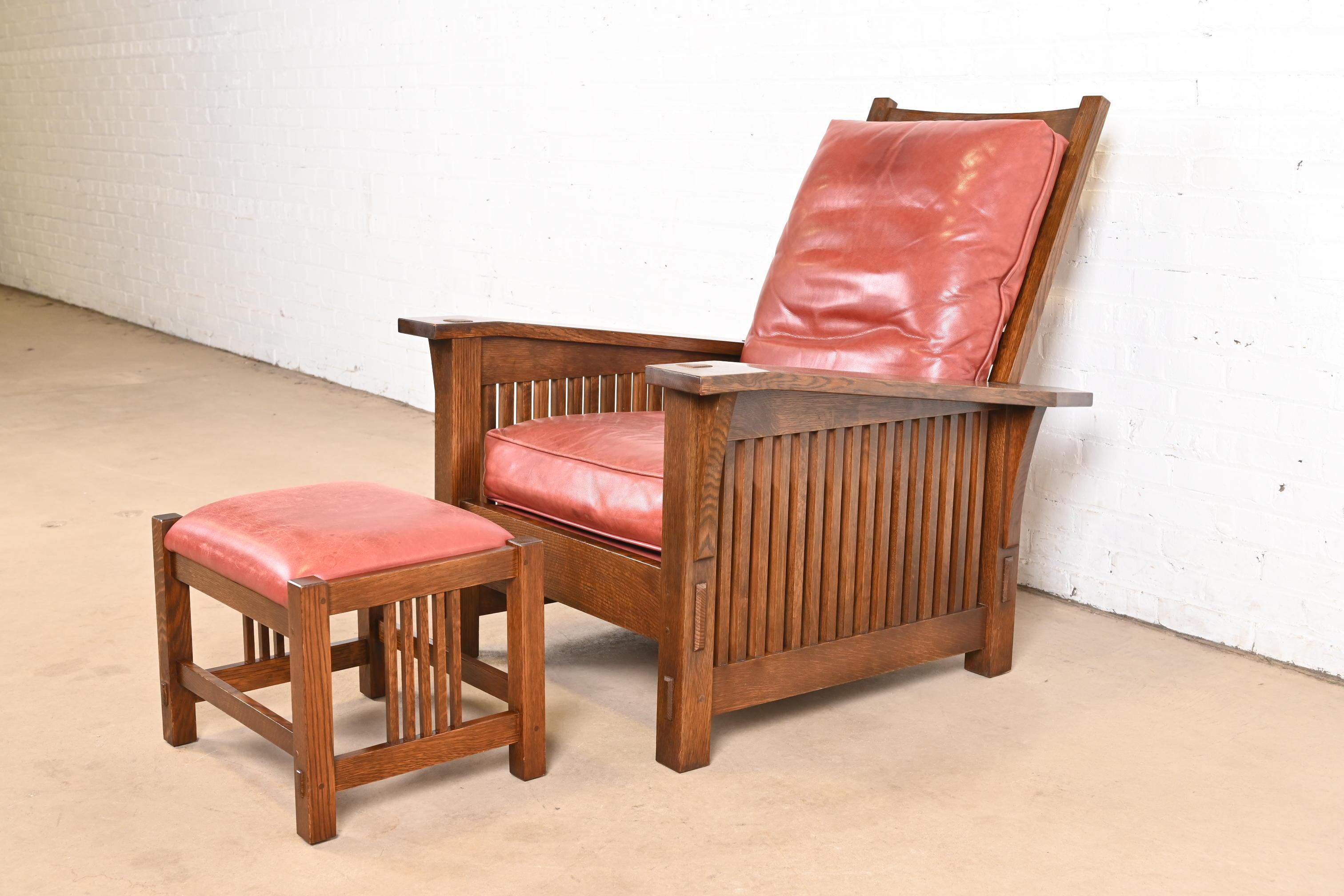 Arts and Crafts Stickley Mission Oak Arts & Crafts Reclining Morris Lounge Chair With Ottoman For Sale