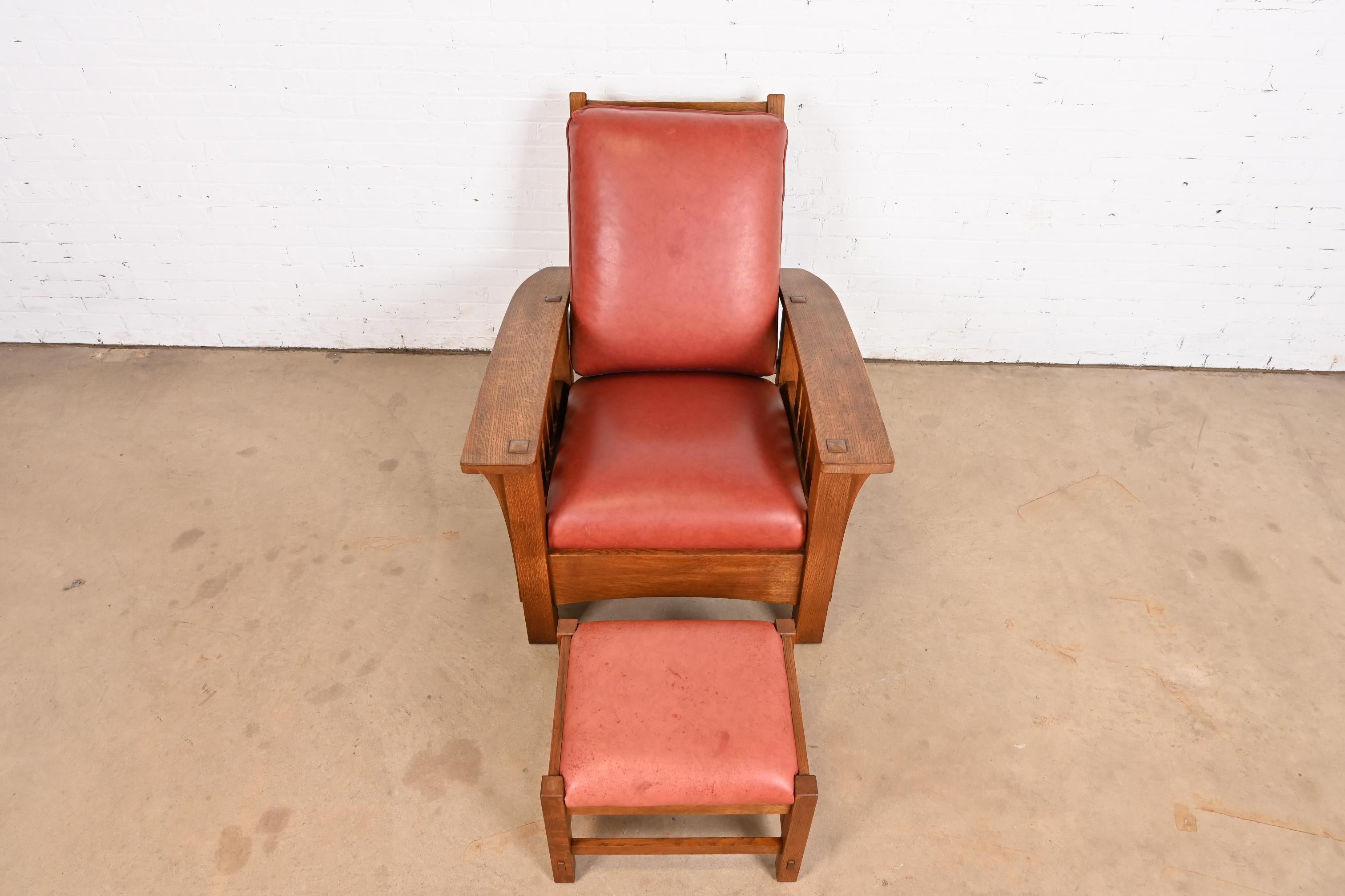 Americano Stickley Mission Oak Arts & Crafts Poltrona reclinabile Morris con ottomano