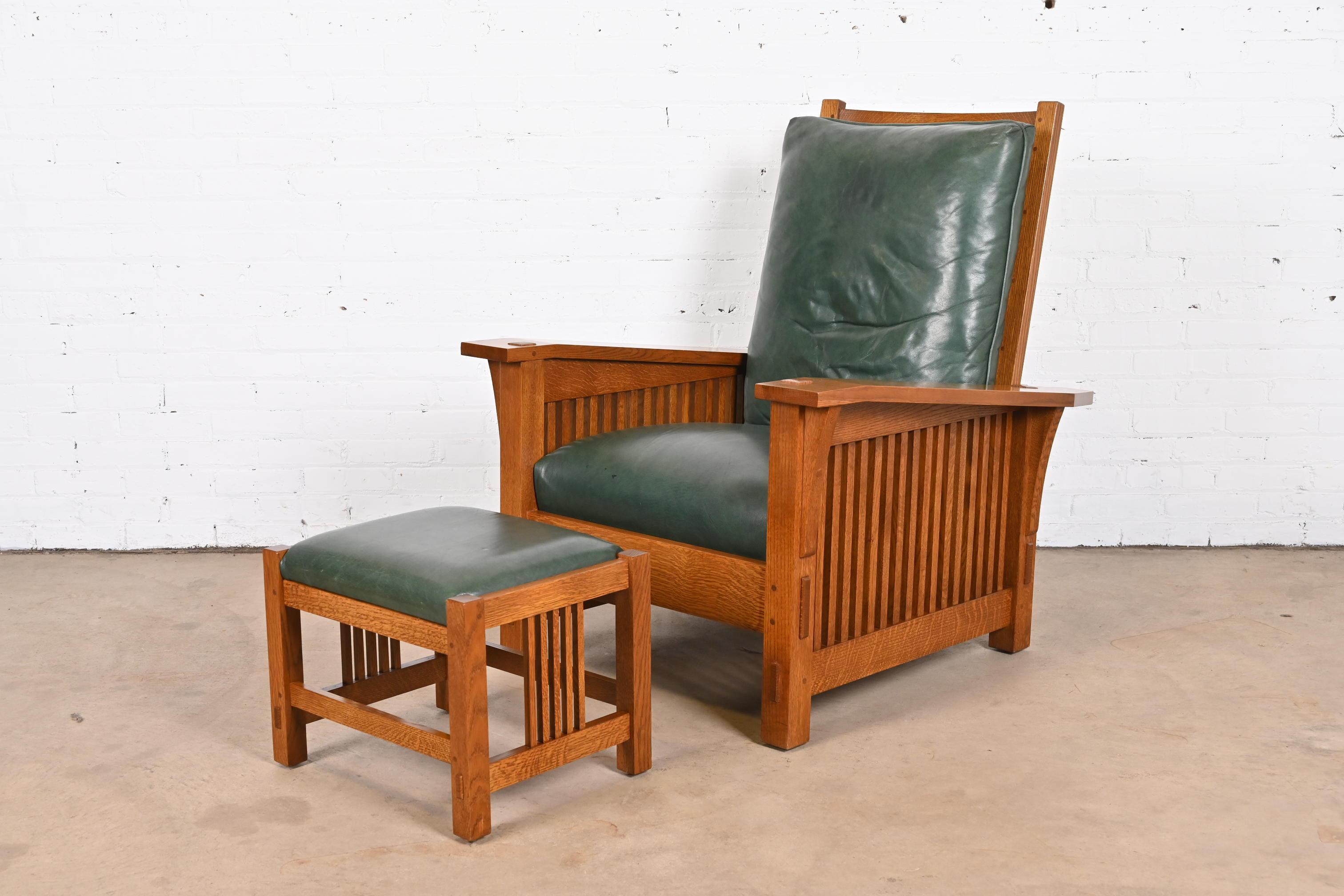 Stickley Mission Oak Arts & Crafts Reclining Morris Lounge Chair With Ottoman In Good Condition In South Bend, IN