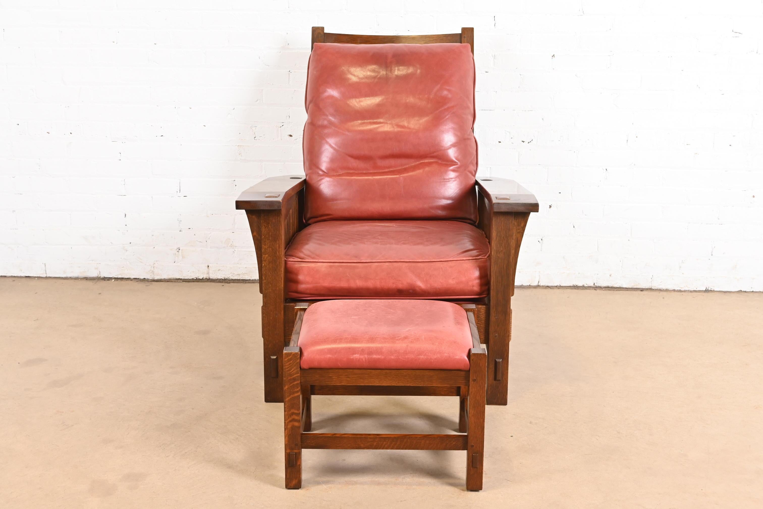 Stickley Mission Oak Arts & Crafts Reclining Morris Lounge Chair With Ottoman In Good Condition For Sale In South Bend, IN