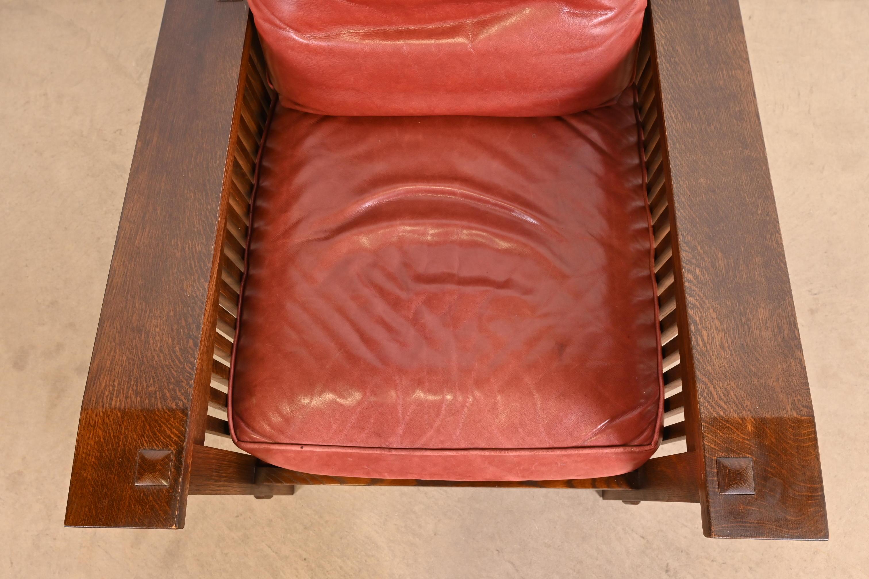 Leather Stickley Mission Oak Arts & Crafts Reclining Morris Lounge Chair With Ottoman For Sale