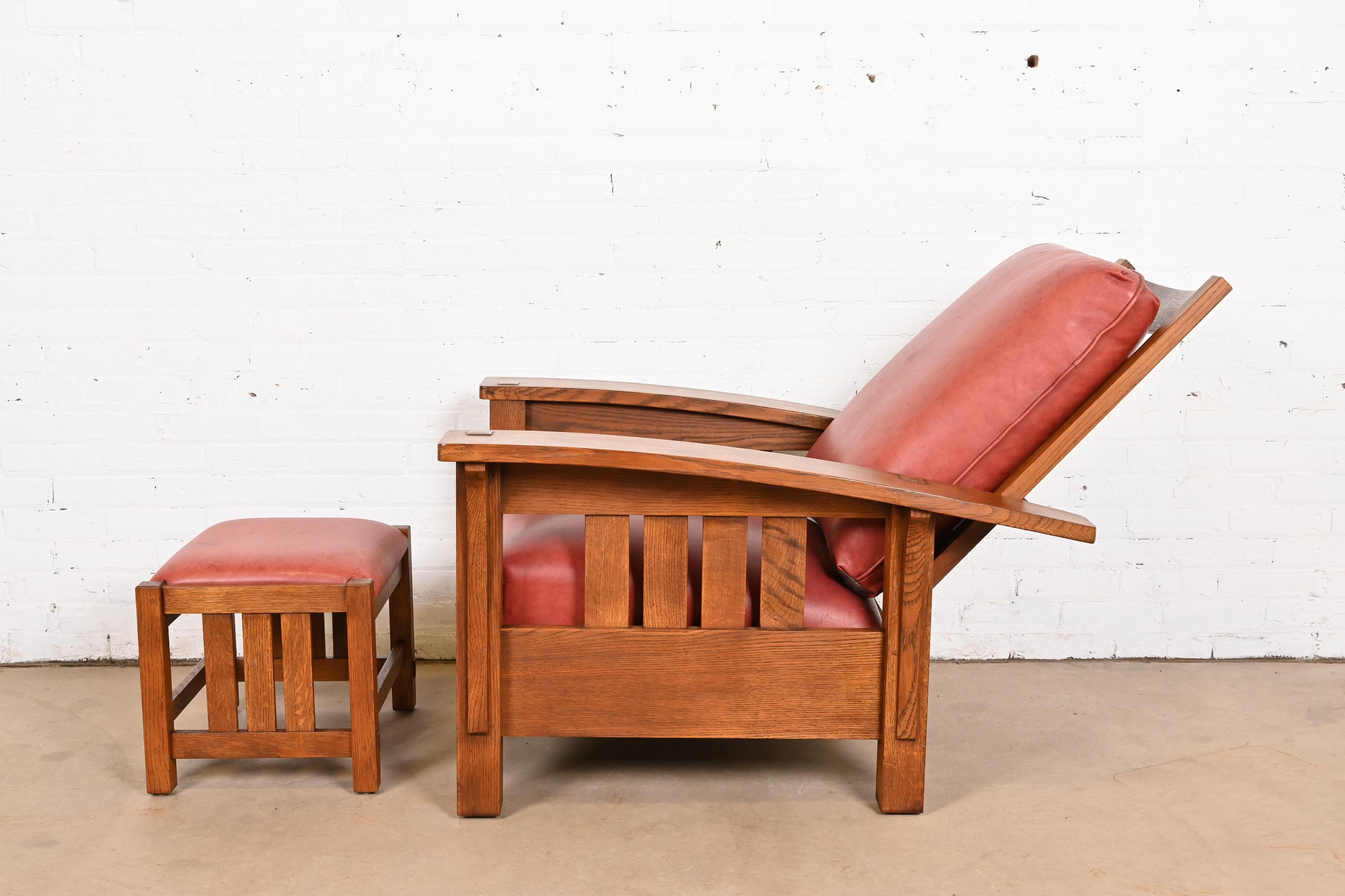 Stickley Mission Oak Arts & Crafts Poltrona reclinabile Morris con ottomano 1