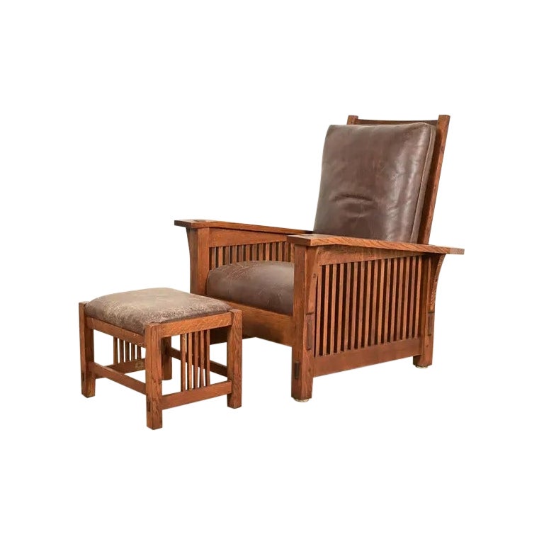 Stickley Mission Oak Arts & Crafts Reclining Morris Lounge Chair With Ottoman