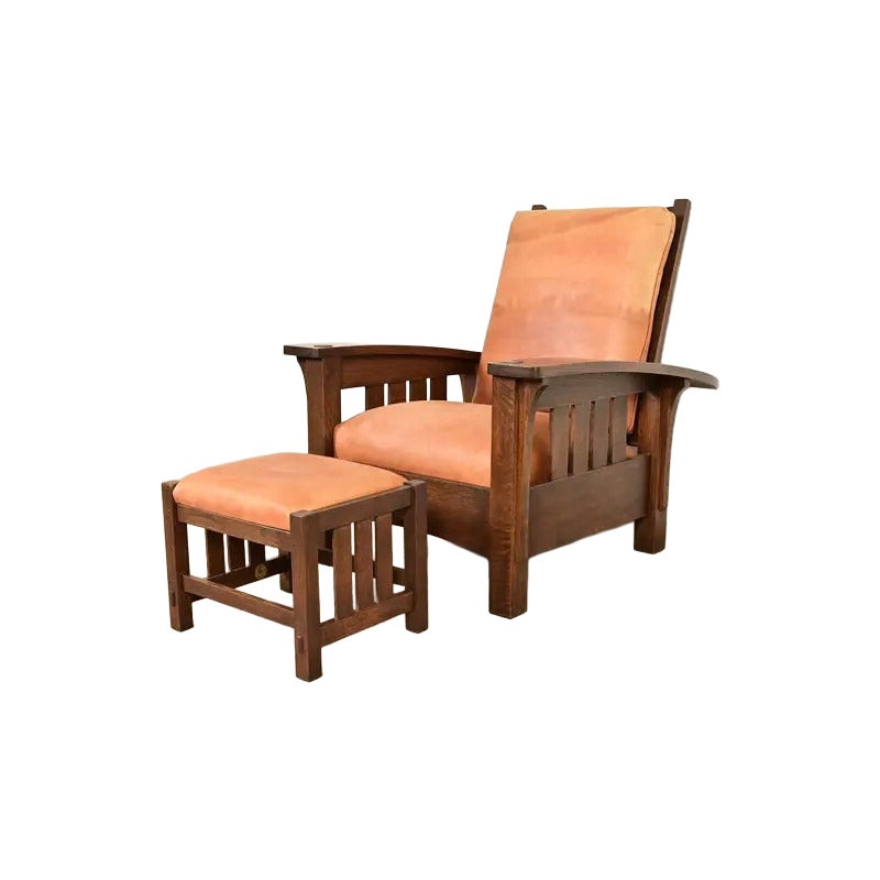 Stickley Mission Arts & Crafts Sillón Morris reclinable con otomana