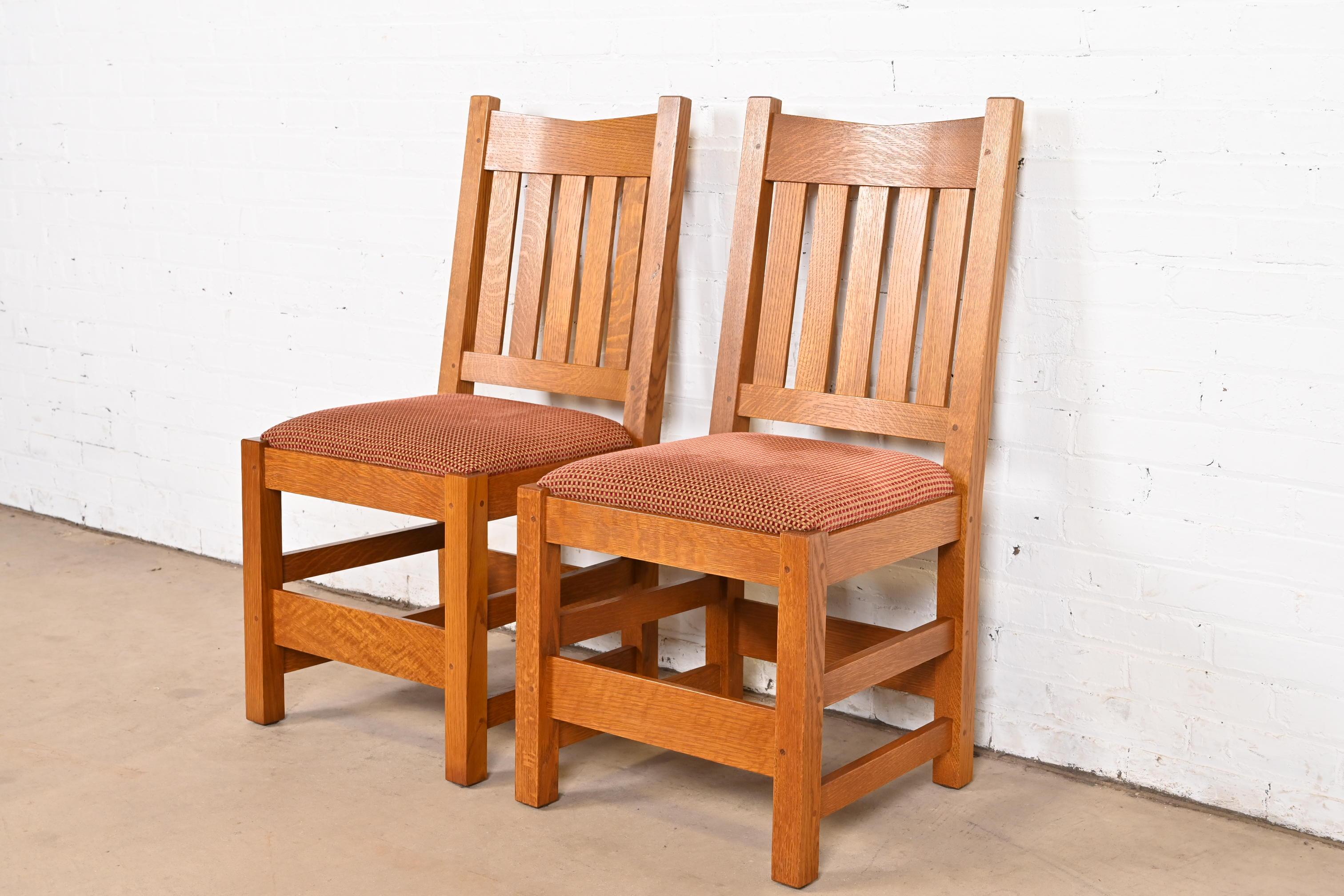A beautiful pair of Mission or Arts & Crafts side chairs or dining chairs

By L. & J.G. Stickley

USA, Circa Early 21st Century

Solid quarter sawn oak, with upholstered seats.

Measures: 18.75