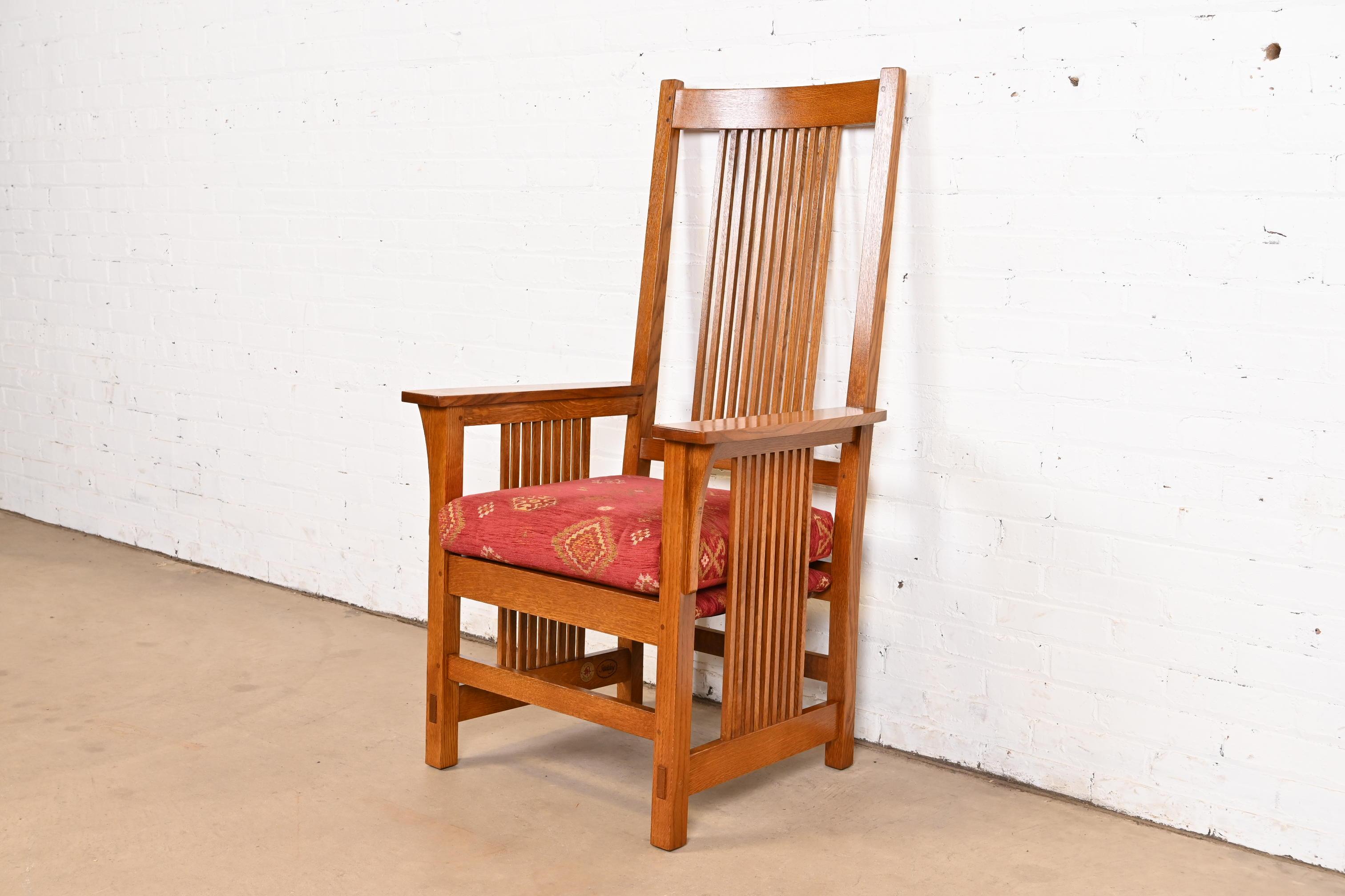 American Stickley Mission Oak Arts & Crafts Spindle High Back Arm Chair For Sale