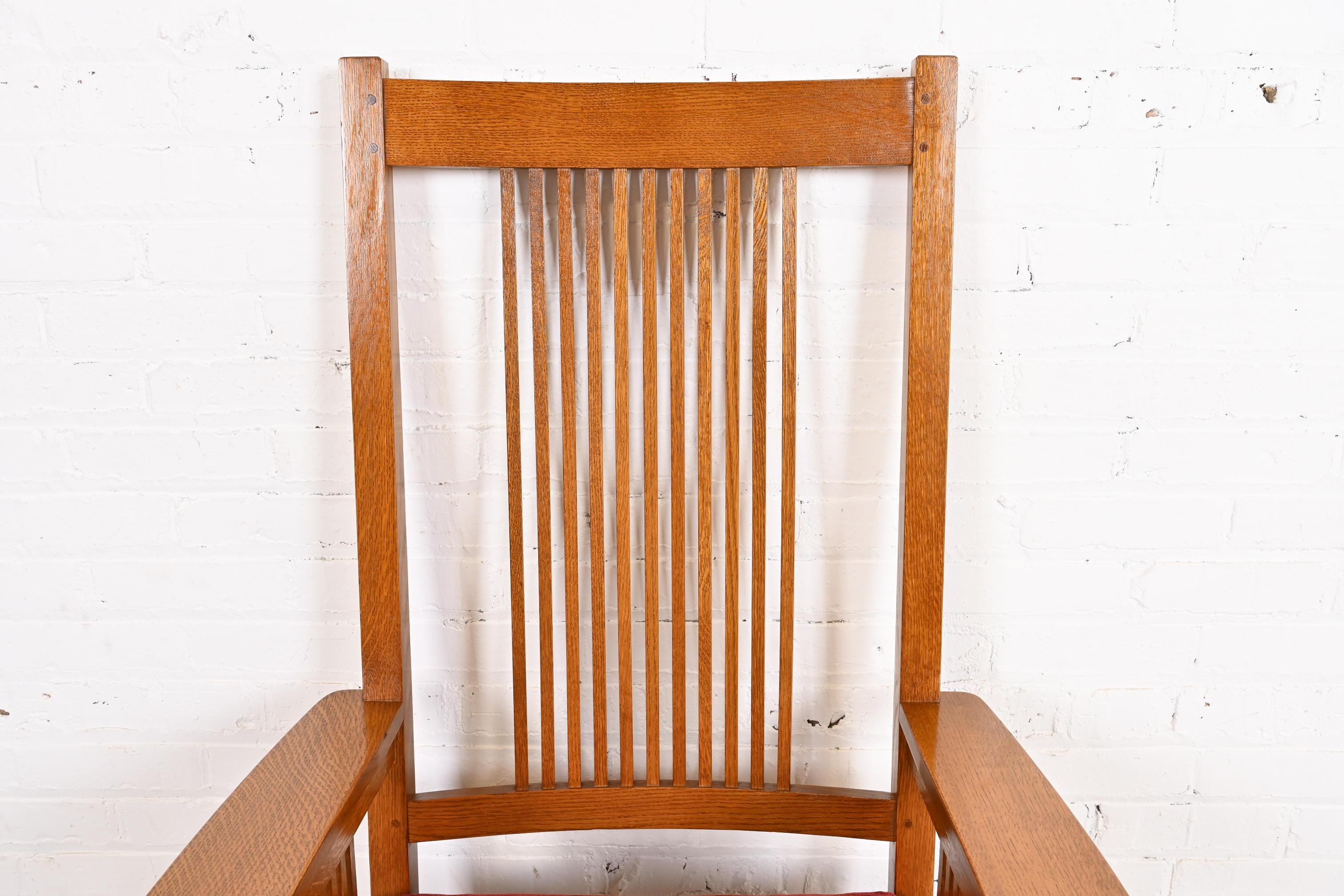 Upholstery Stickley Mission Oak Arts & Crafts Spindle High Back Arm Chair For Sale