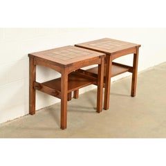 Stickley Mission Oak Arts & Crafts Tile Top Two-Tier Side Tables, Pair