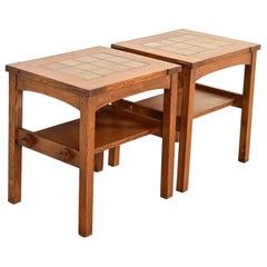 Stickley Mission Oak Arts & Crafts Tile Top Two-Tier Side Tables, Pair
