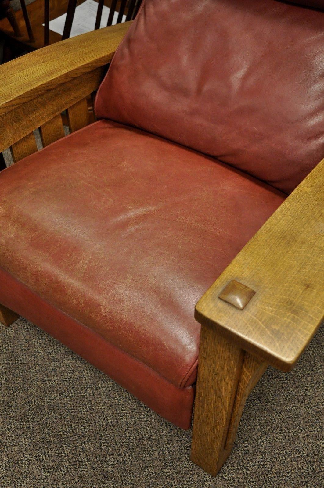 20th Century Stickley Mission Oak Bustle Back Leather Recliner Reclining Lounge Chair Bow Arm