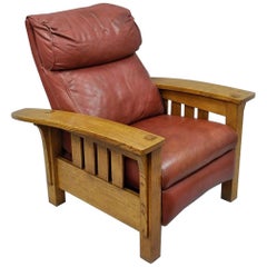 Stickley Mission Oak Bustle Back Leather Recliner Reclining Lounge Chair Bow Arm