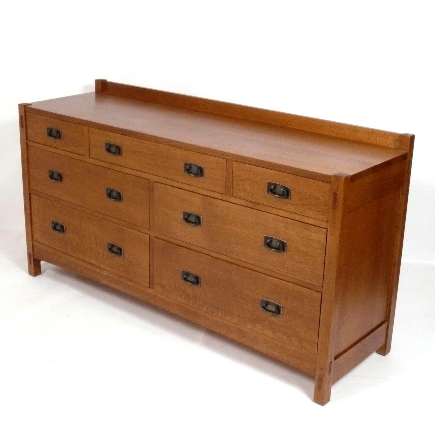 Clean Lined Stickley Chest or Dresser, originally designed in the 1910s by Gustav Stickley, this example is part of the authorized line produced by Stickley in the 2000s. Like all Stickley furniture, this piece is extremely well made with pegged,