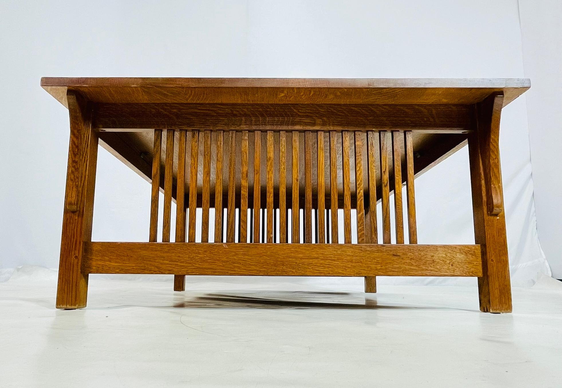 Stickley Mission Oak Coffee Table with Slatted Sides, Signed and Dated 1995 For Sale 5