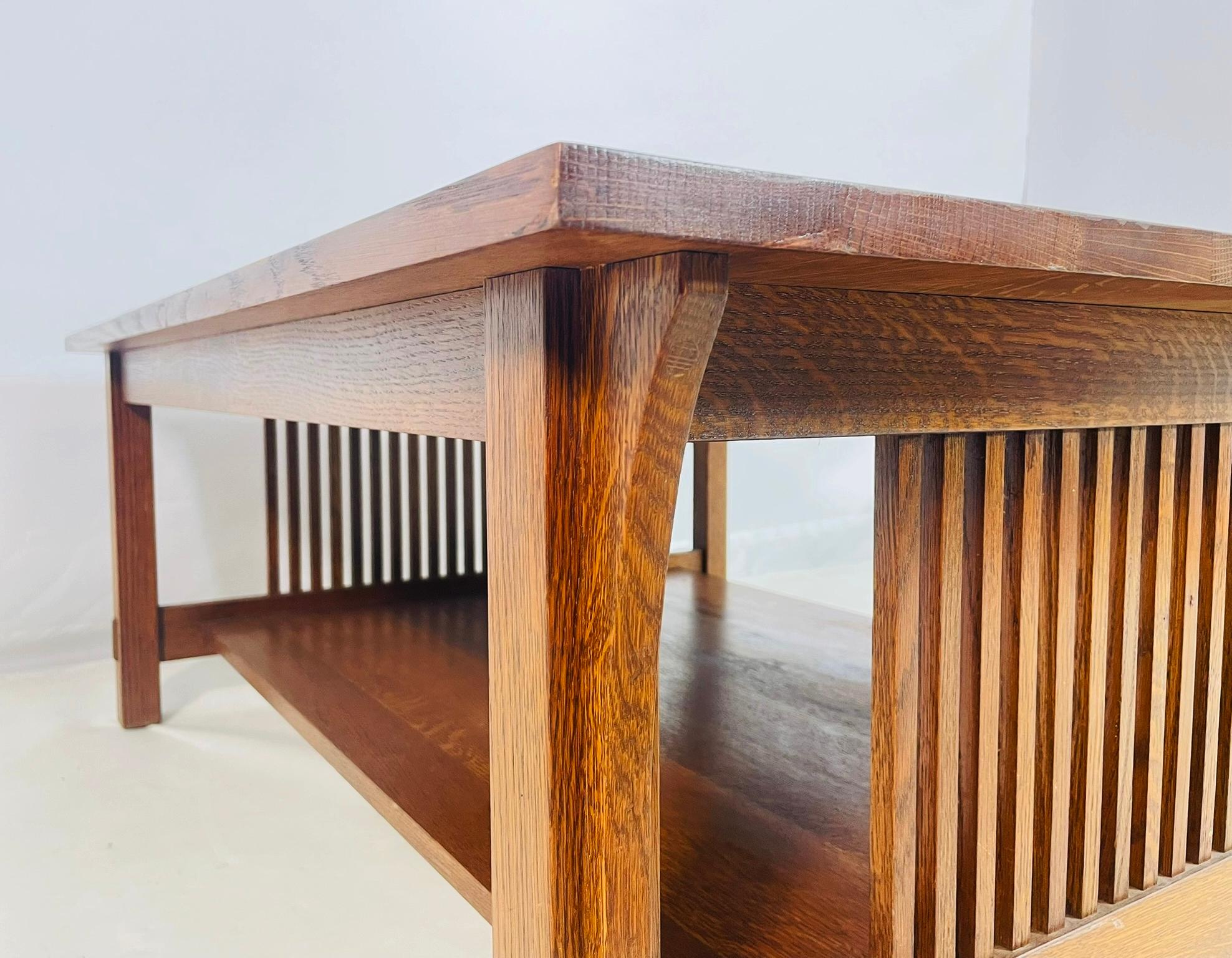 Stickley Mission Oak Coffee Table with Slatted Sides, Signed and Dated 1995 For Sale 9