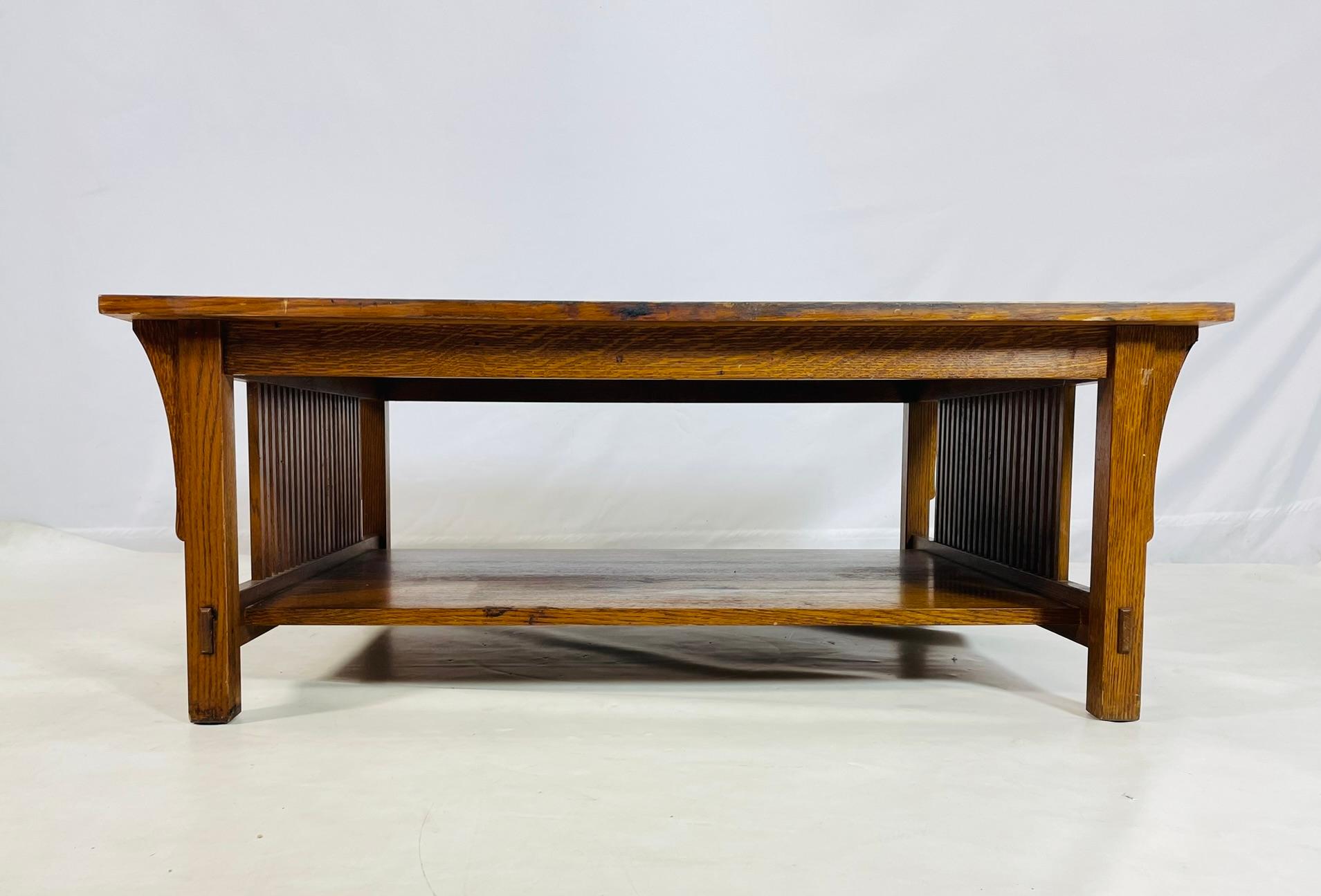 American Stickley Mission Oak Coffee Table with Slatted Sides, Signed and Dated 1995 For Sale