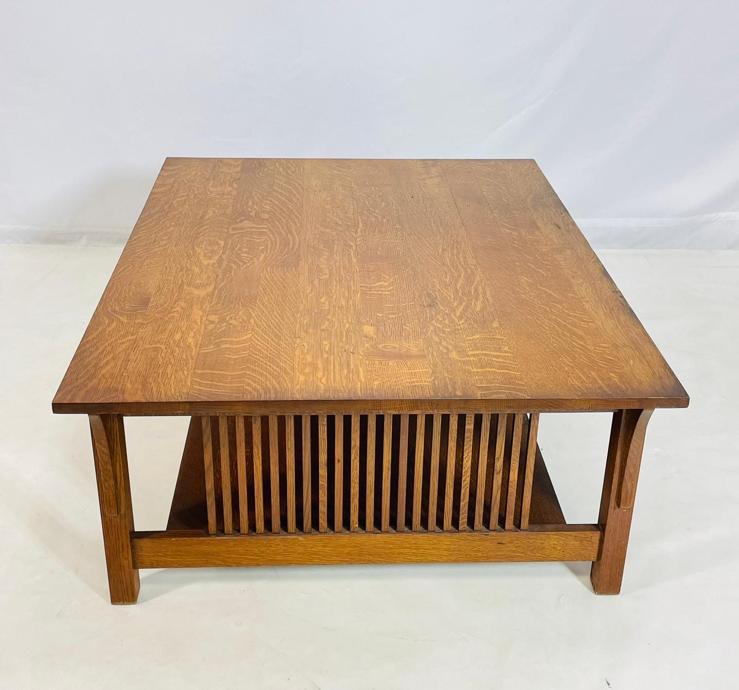 Stickley Mission Oak Coffee Table with Slatted Sides, Signed and Dated 1995 For Sale 1