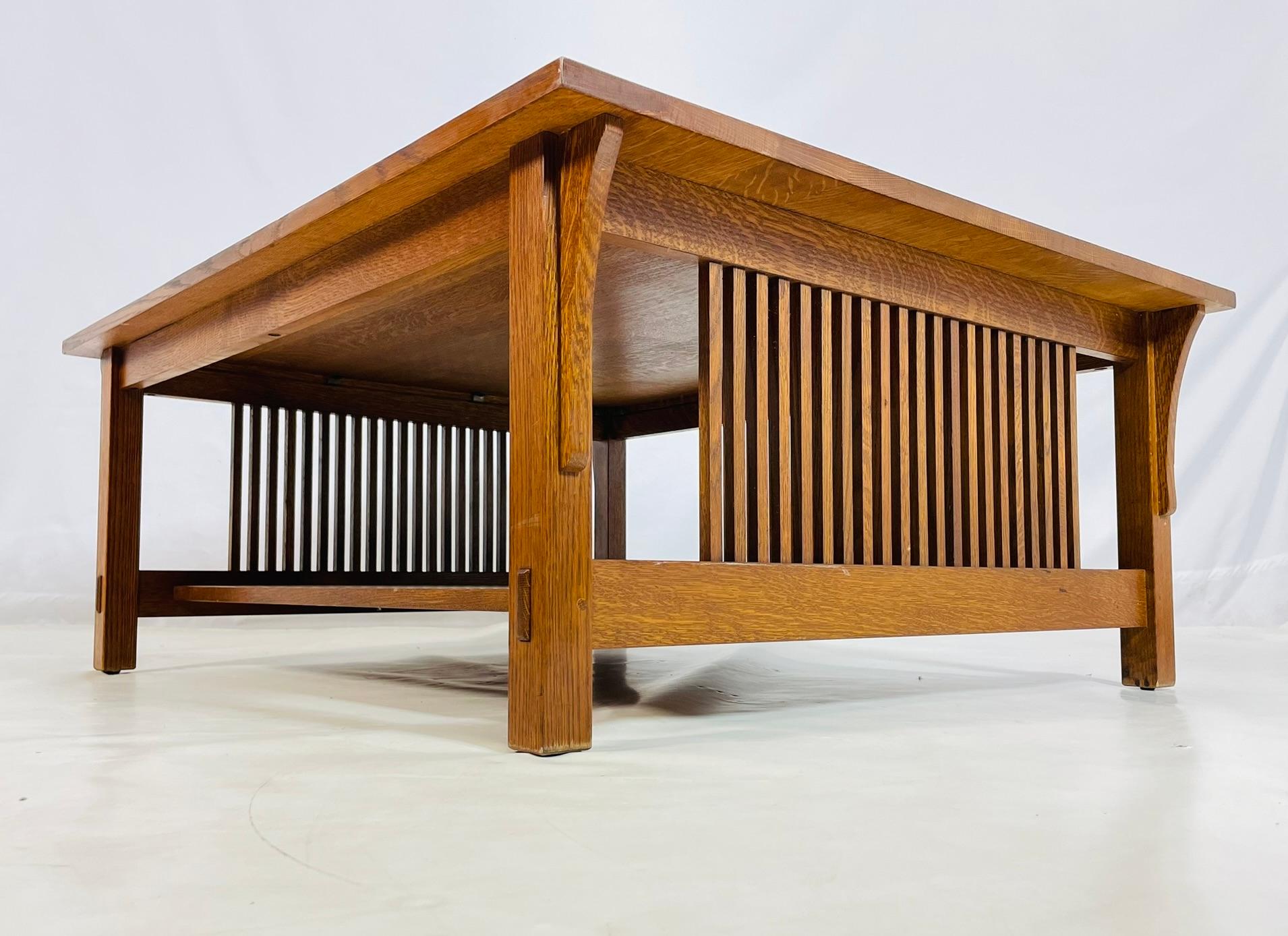 Stickley Mission Oak Coffee Table with Slatted Sides, Signed and Dated 1995 For Sale 2